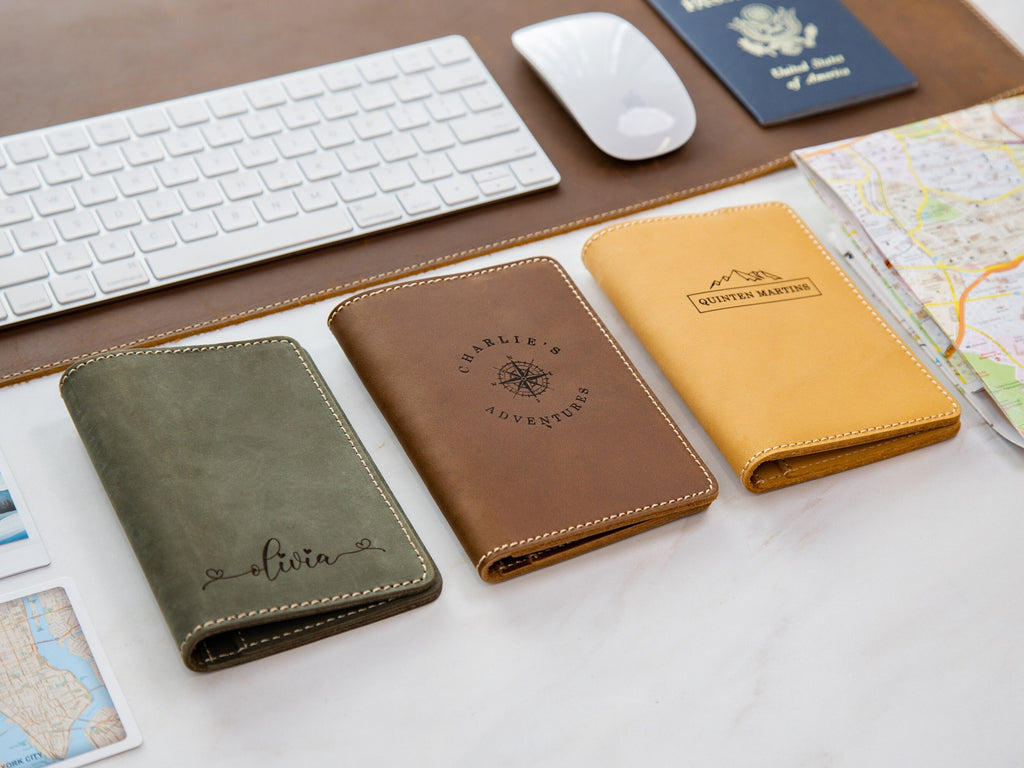 Leather passport cover - engraved holder, 3rd leather anniversary gift for husband wife, custom travel wallet, honeymoon wedding travel gift