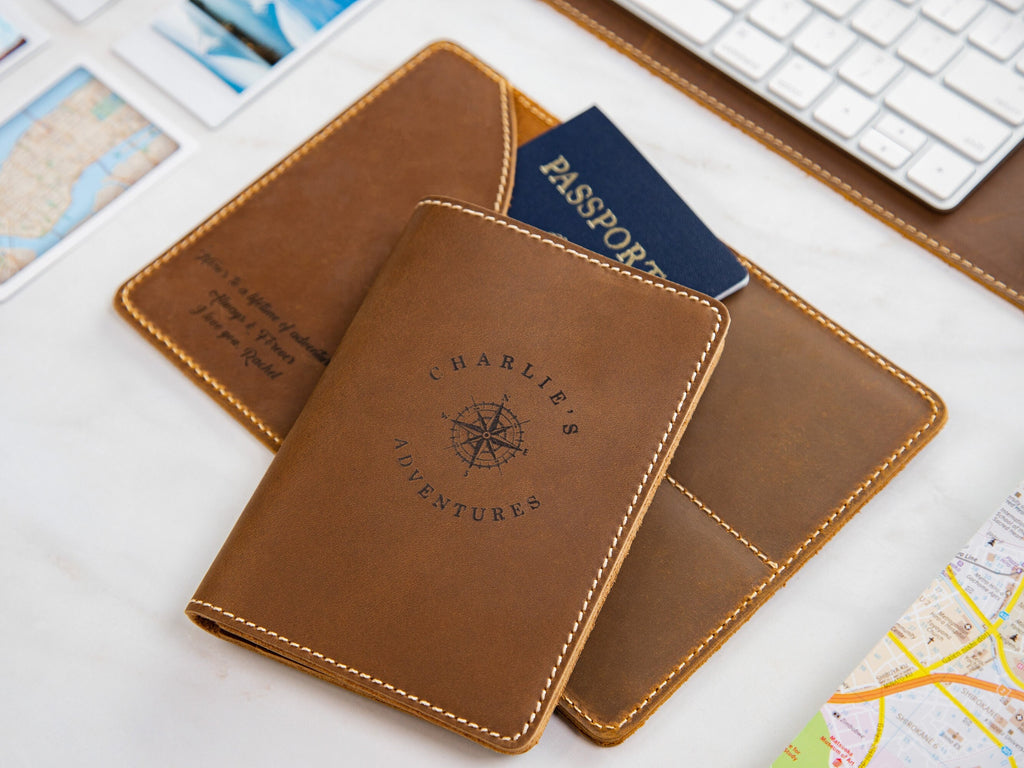 Leather passport cover - engraved holder, 3rd leather anniversary gift for husband wife, custom travel wallet, honeymoon wedding travel gift