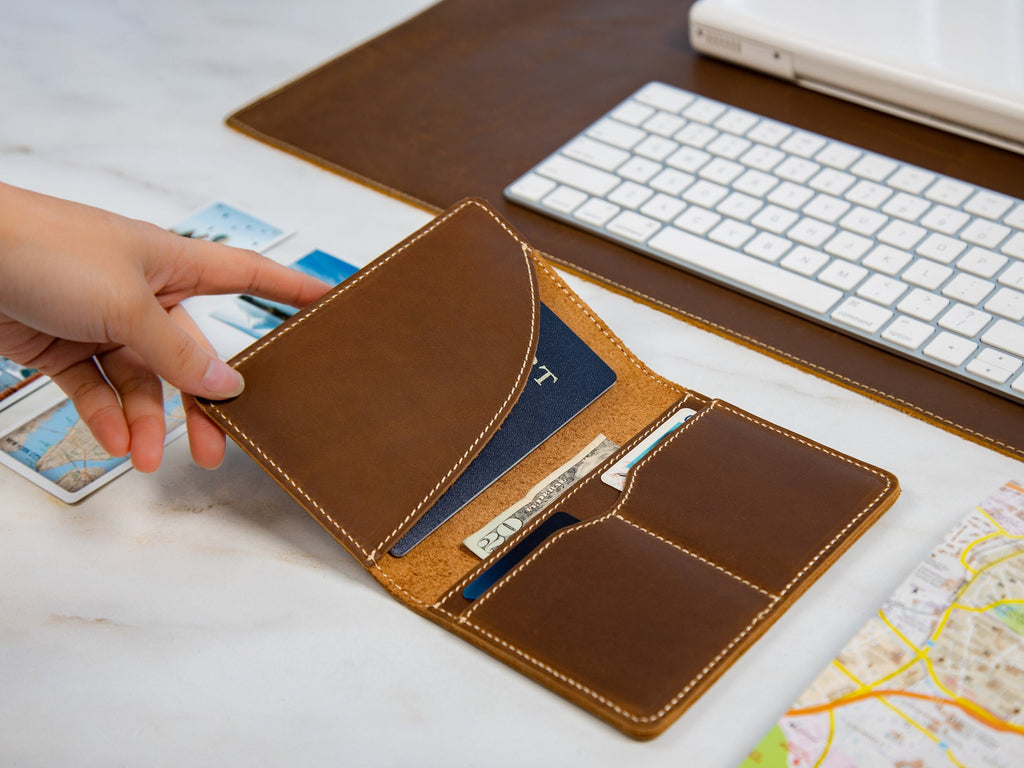 Leather passport cover - engraved holder, 3rd leather anniversary gift for husband wife, custom travel wallet, honeymoon wedding travel gift