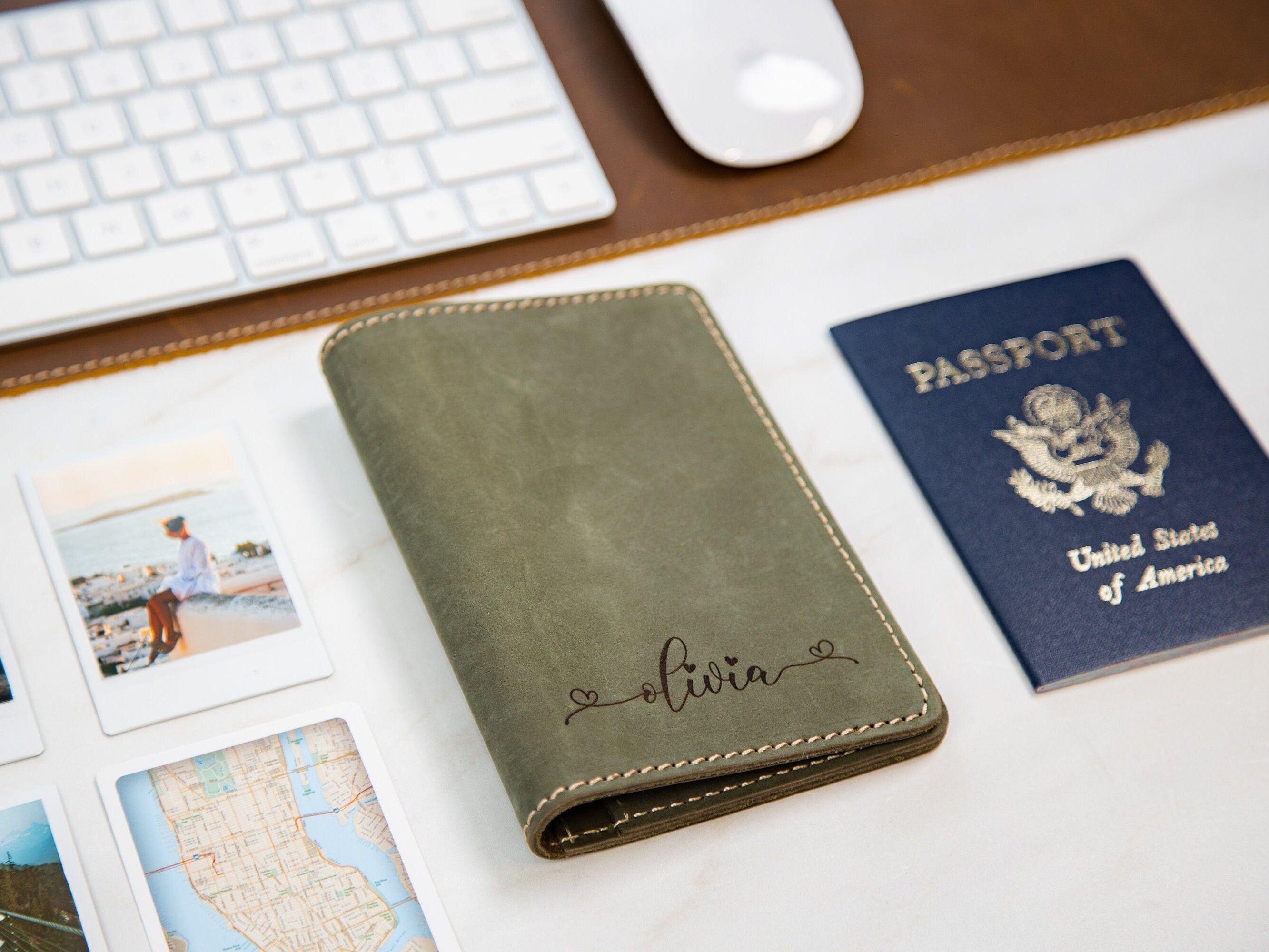 Leather passport cover - engraved holder, 3rd leather anniversary gift for husband wife, custom travel wallet, honeymoon wedding travel gift