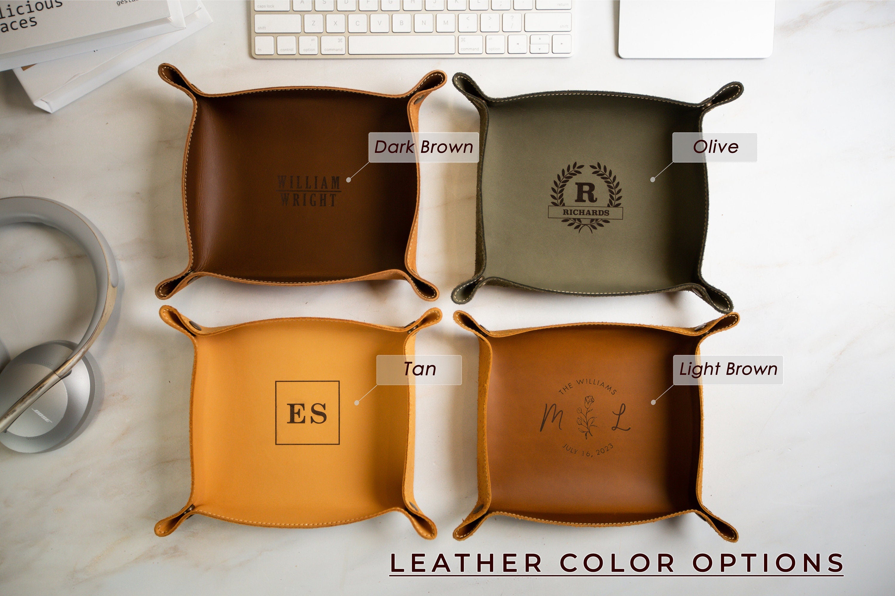 Engraved leather valet tray - engrave your kids drawing or message, personalized catchall ring key tray, office desk, 3rd anniversary gift