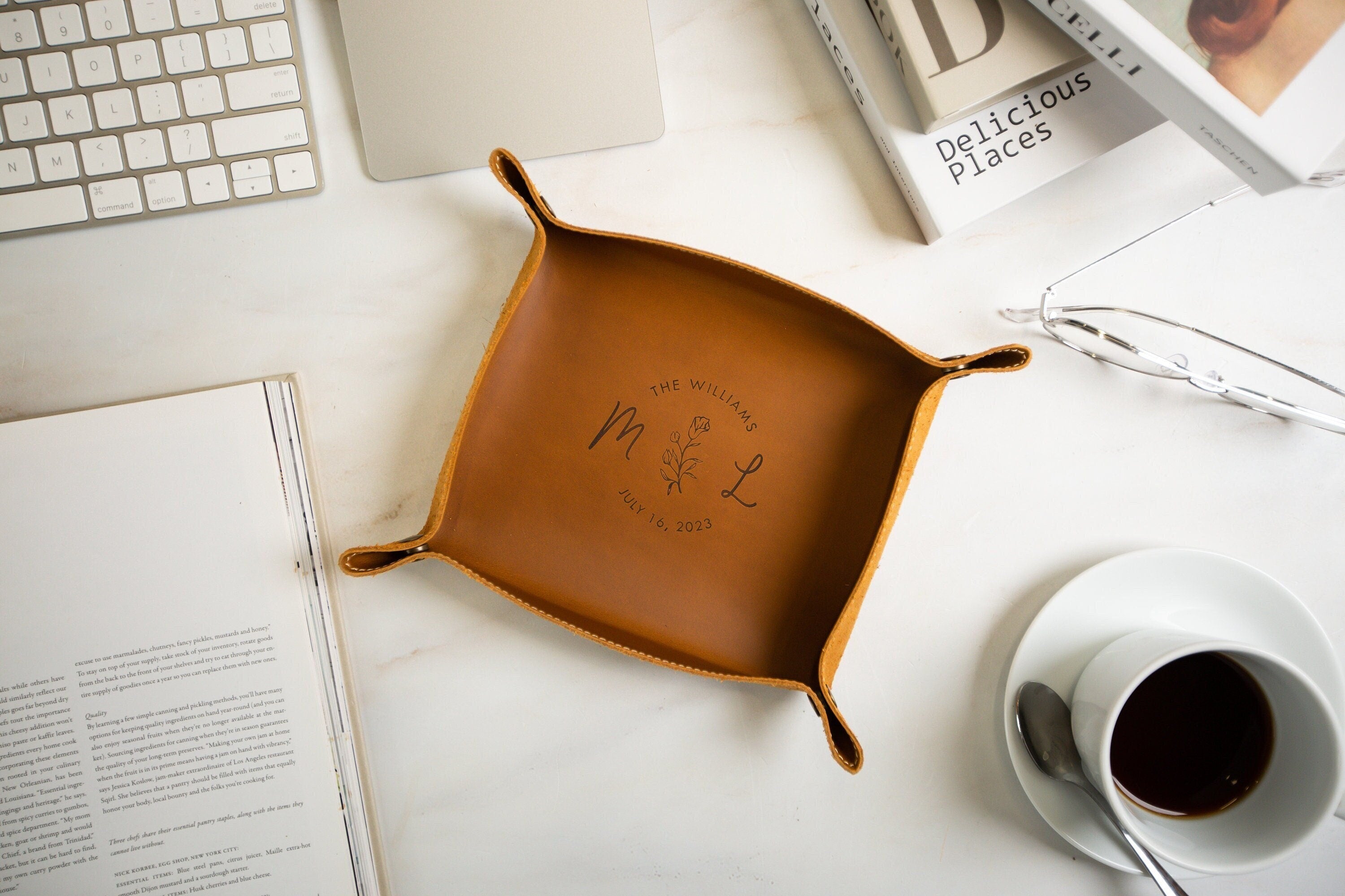 Engraved leather valet tray - engrave your kids drawing or message, personalized catchall ring key tray, office desk, 3rd anniversary gift