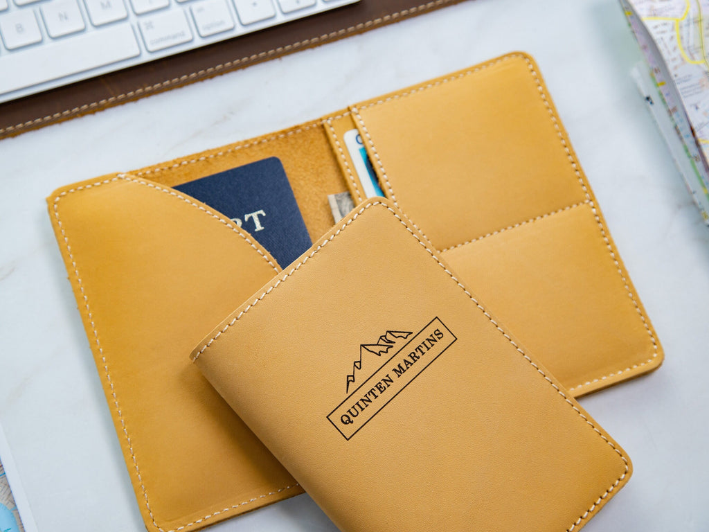 Leather passport cover - engraved holder, 3rd leather anniversary gift for husband wife, custom travel wallet, honeymoon wedding travel gift