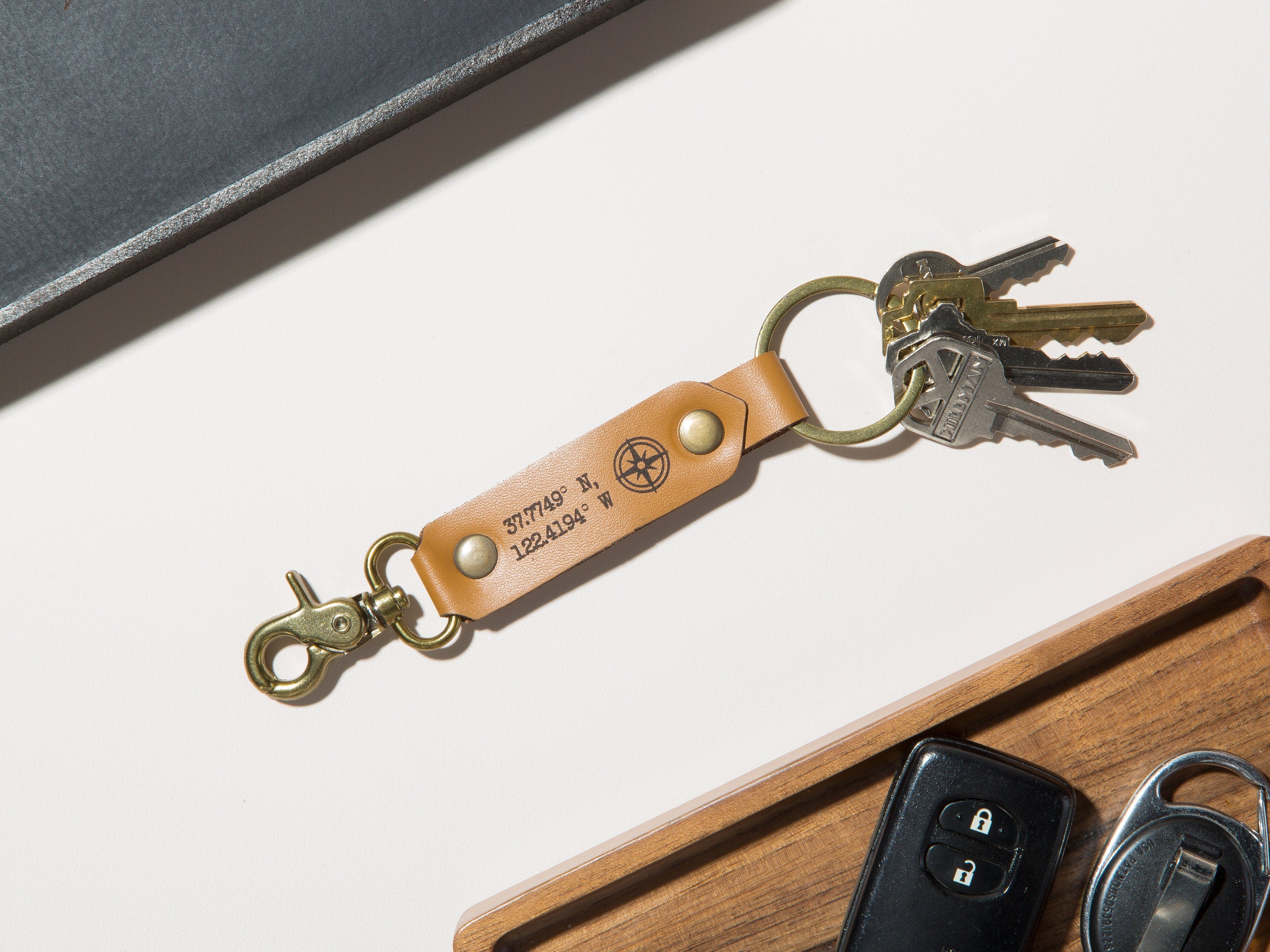 Leather key chain fob - engraved 3rd wedding anniversary leather gift bridesmaid groomsmen party favors corporate employee teacher dad gift