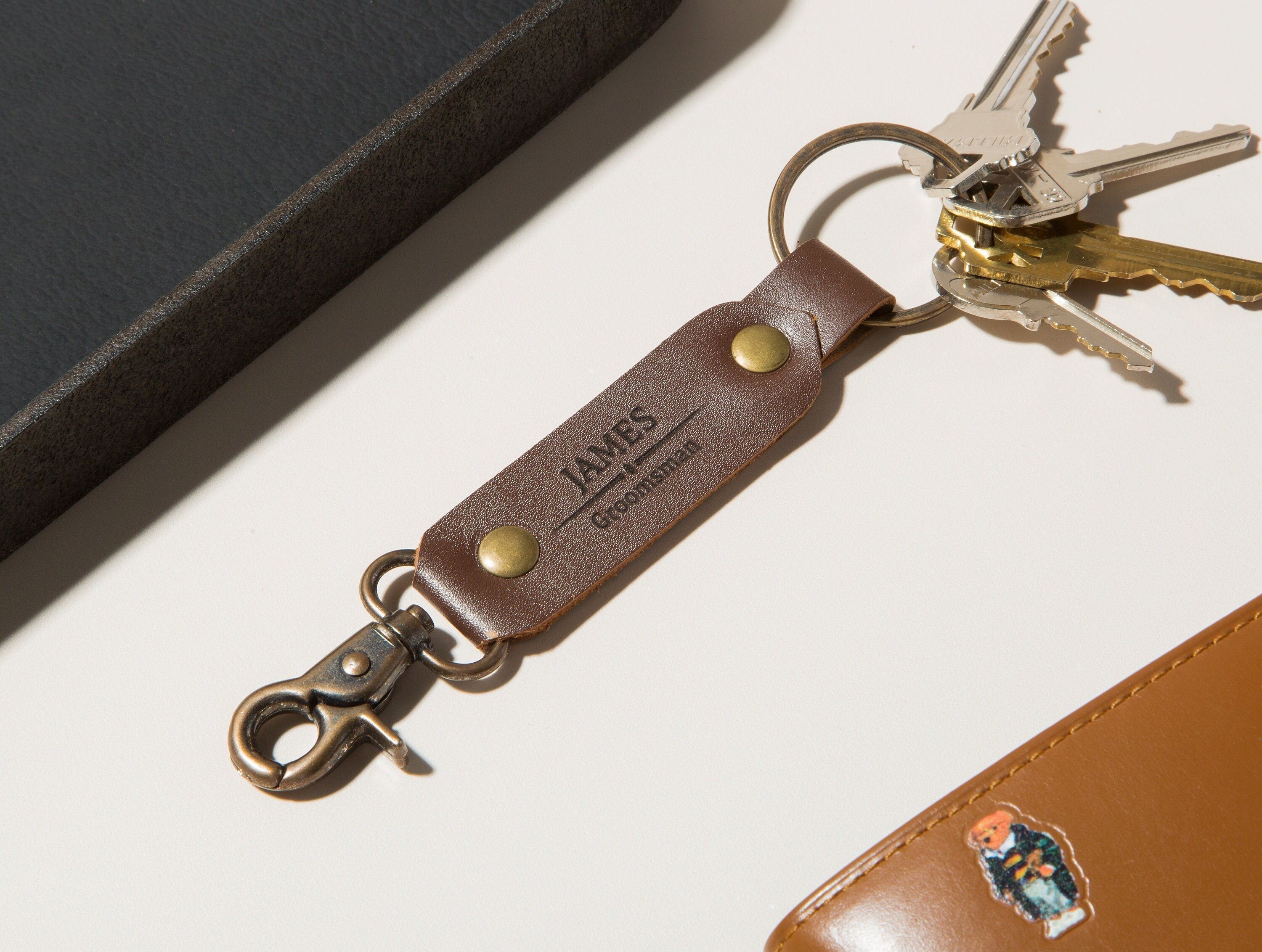 Leather key chain fob - engraved 3rd wedding anniversary leather gift bridesmaid groomsmen party favors corporate employee teacher dad gift