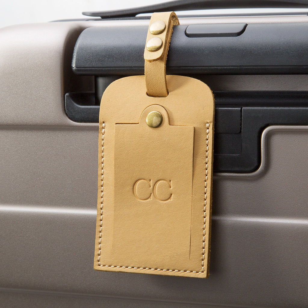 Embossed tan luggage tag w/ buckle loop & name card - travel tag, wedding engagement 3rd leather anniversary honeymoon gift, weekend trips