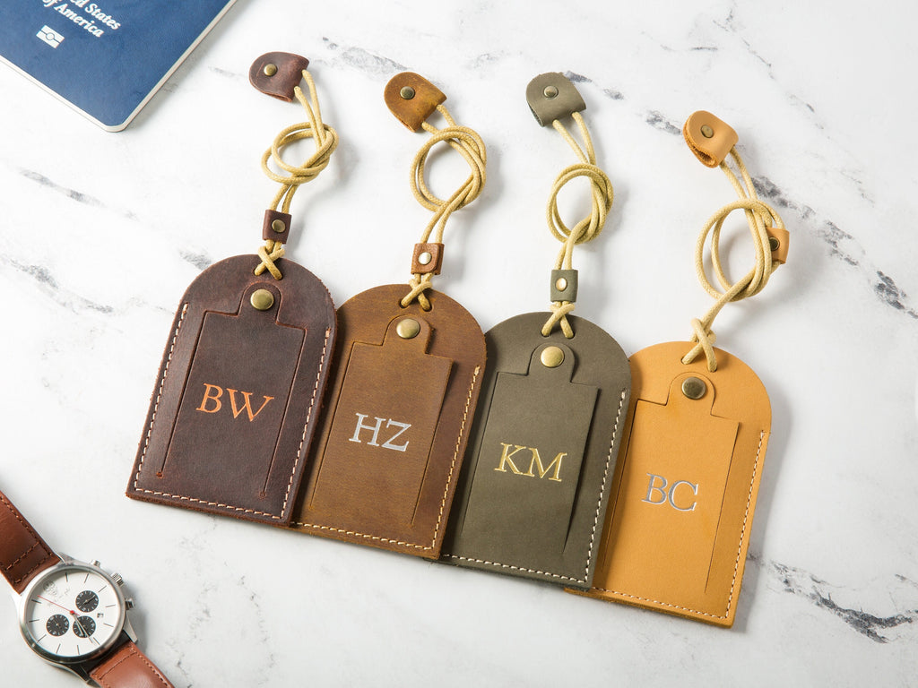 Embossed leather luggage tag w/ contact card - Custom foil name travel bag tag, Personalized gift for her, wife, mom, gift for traveler
