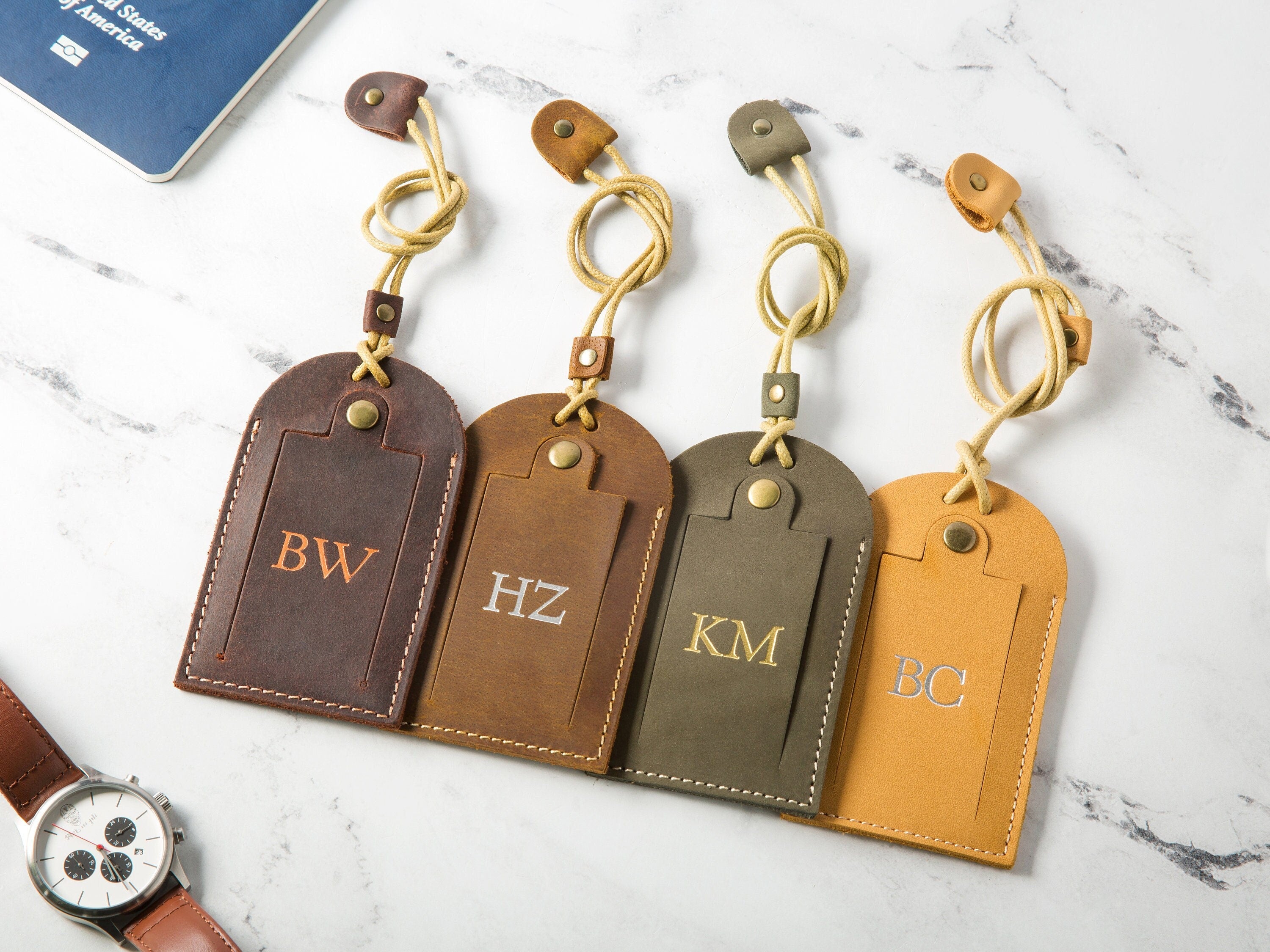 Embossed leather luggage tag w/ contact card - Custom foil name travel bag tag, Personalized gift for her, wife, mom, gift for traveler