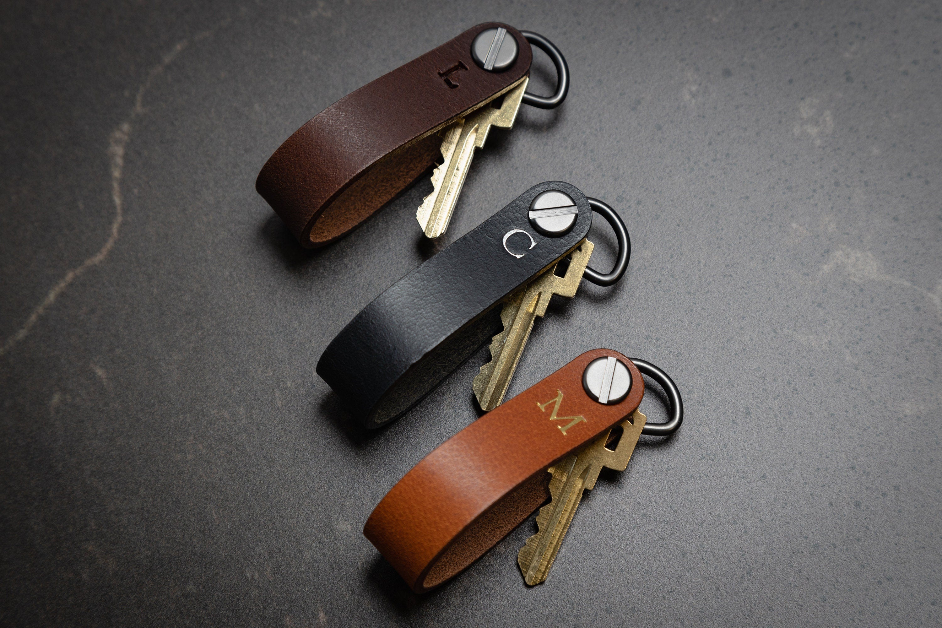 Embossed Leather Strap Key Chains (Initial) - Custom Mens Monogram Keychain Wristlet, Personalized Gift for Him Husband Dad Father Boyfriend