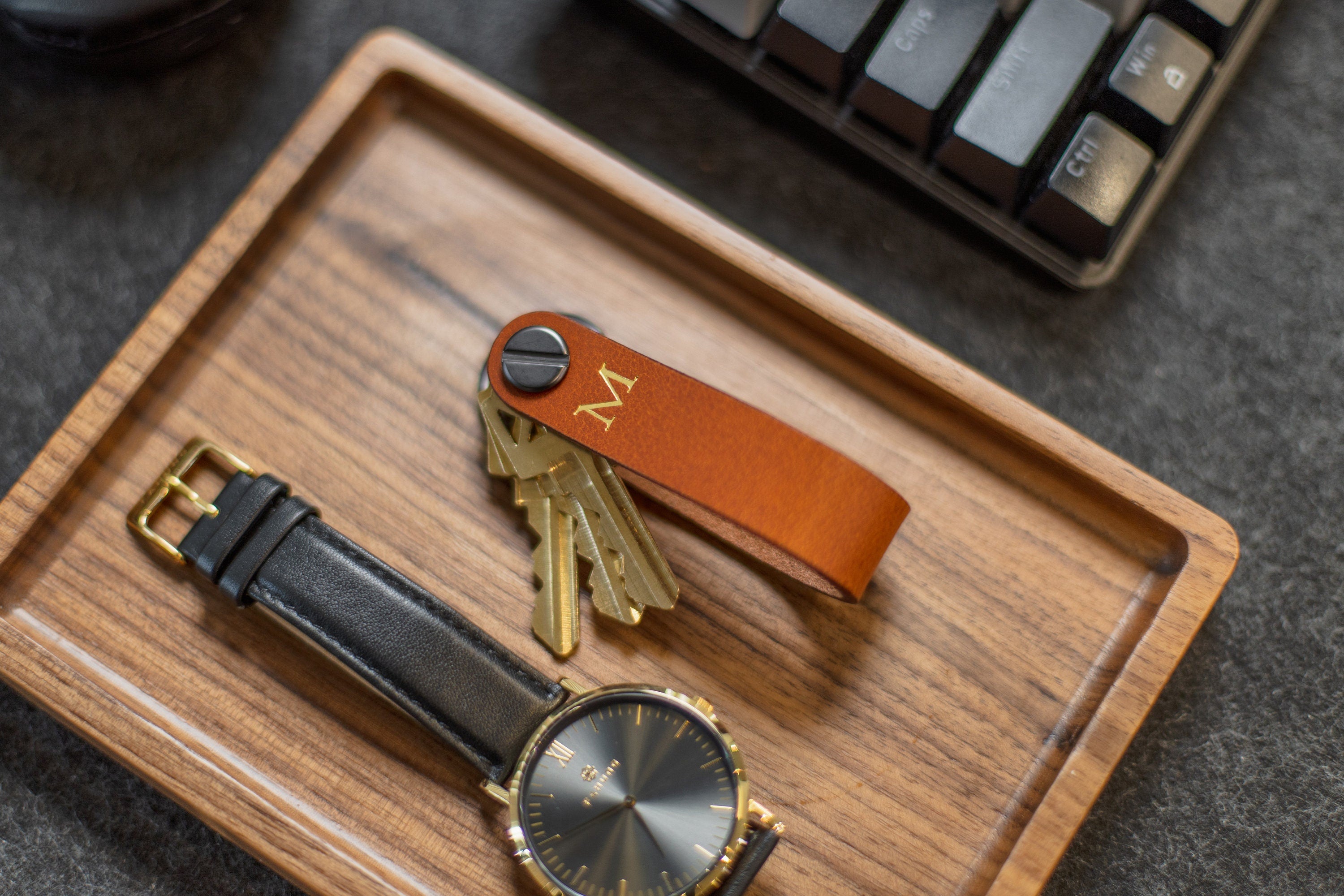 Embossed Leather Strap Key Chains (Initial) - Custom Mens Monogram Keychain Wristlet, Personalized Gift for Him Husband Dad Father Boyfriend