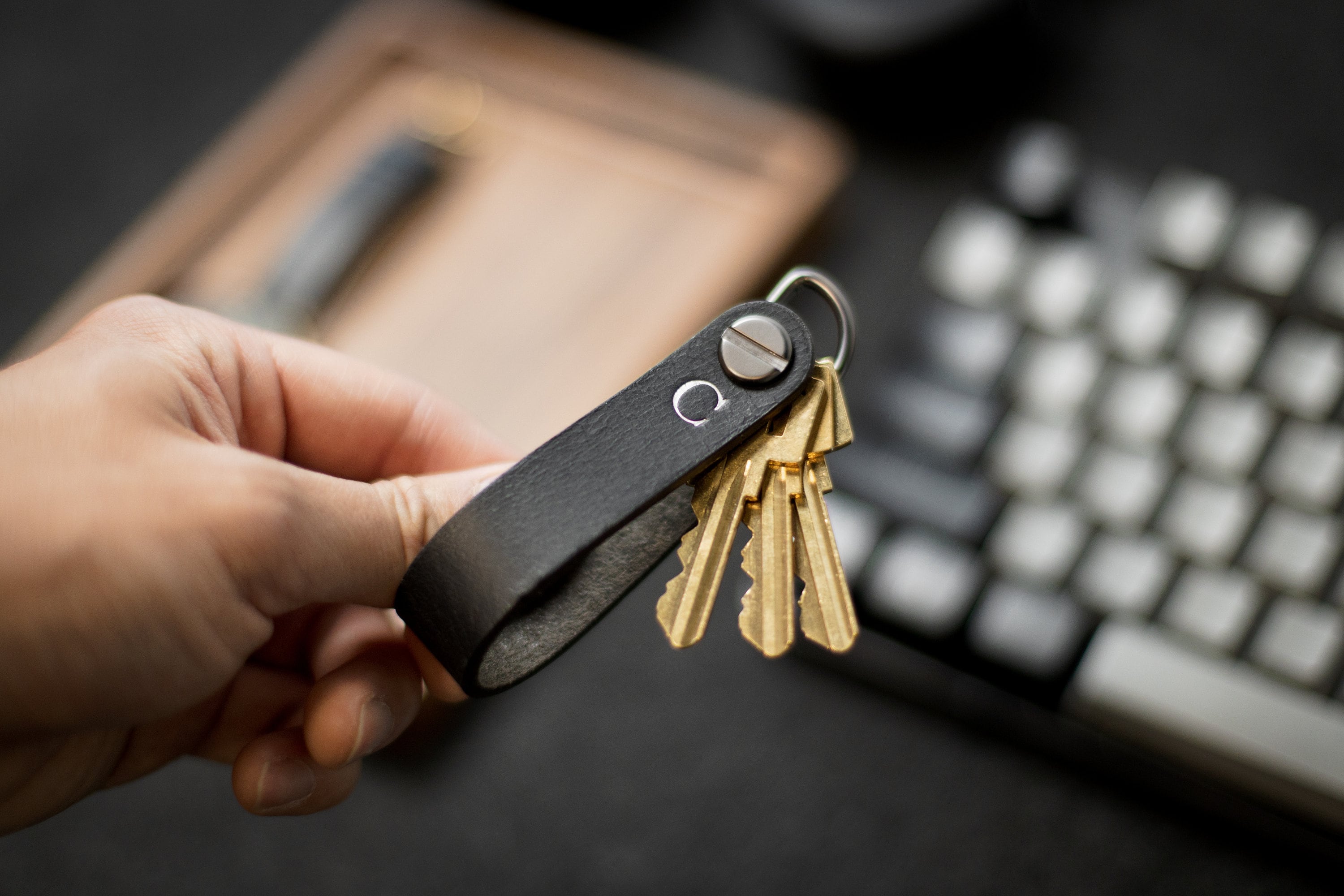 Embossed Leather Strap Key Chains (Initial) - Customized Leather Orbit Key Ring Holder for Men, Personalized Office Promotional Teacher Gift