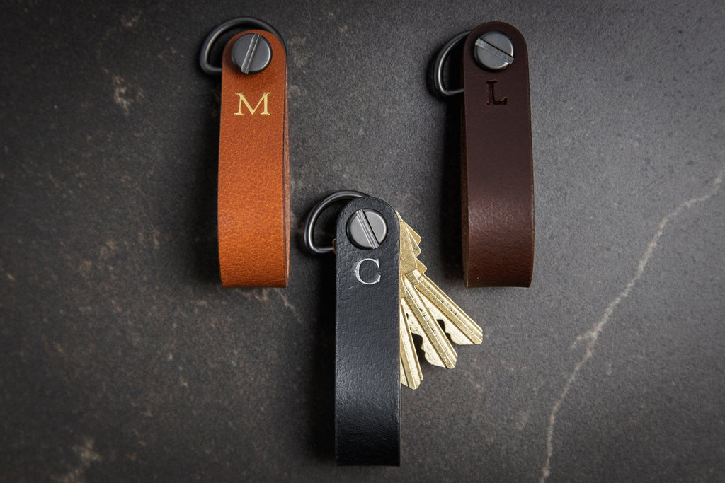 Embossed Leather Strap Key Chains (Initial) - Customized Leather Orbit Key Ring Holder for Men, Personalized Office Promotional Teacher Gift