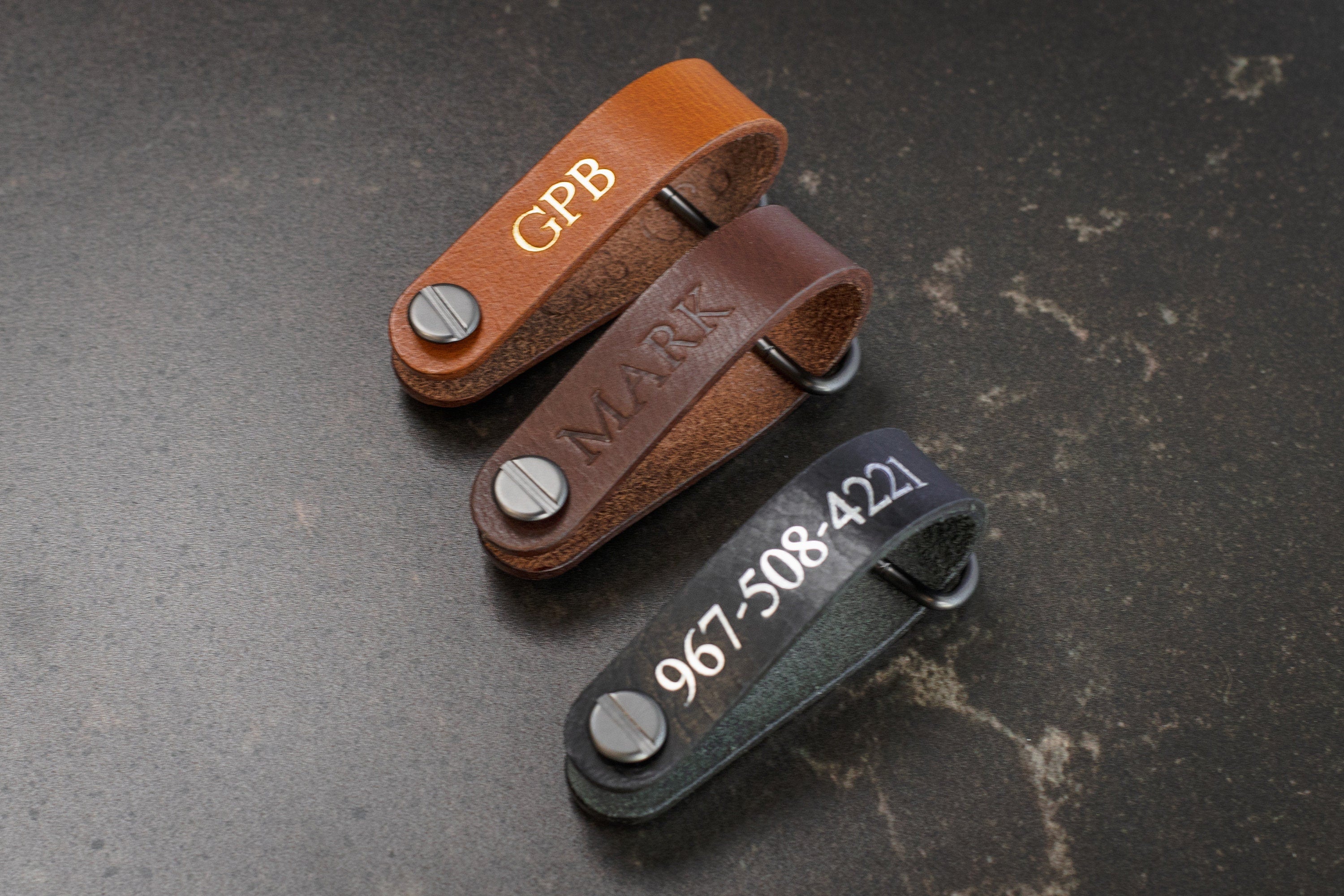 Embossed Leather Strap Key Chains (Name) - Unique Key FOB Gift for Him Simple Leather Name Keychain Back to School New College Student Gift