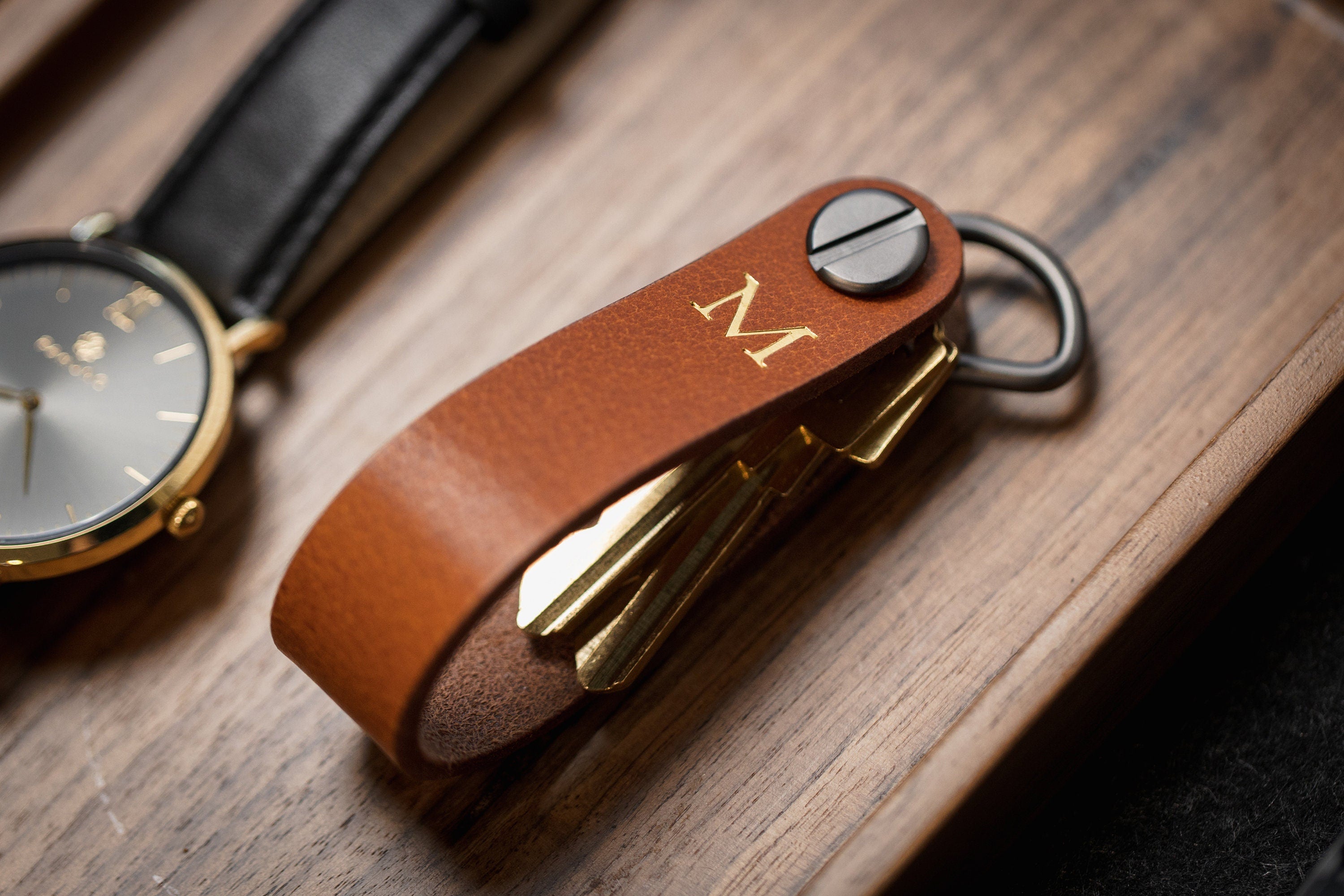 Embossed Leather Strap Key Chains (Initial) - Custom Mens Monogram Keychain Wristlet, Personalized Gift for Him Husband Dad Father Boyfriend