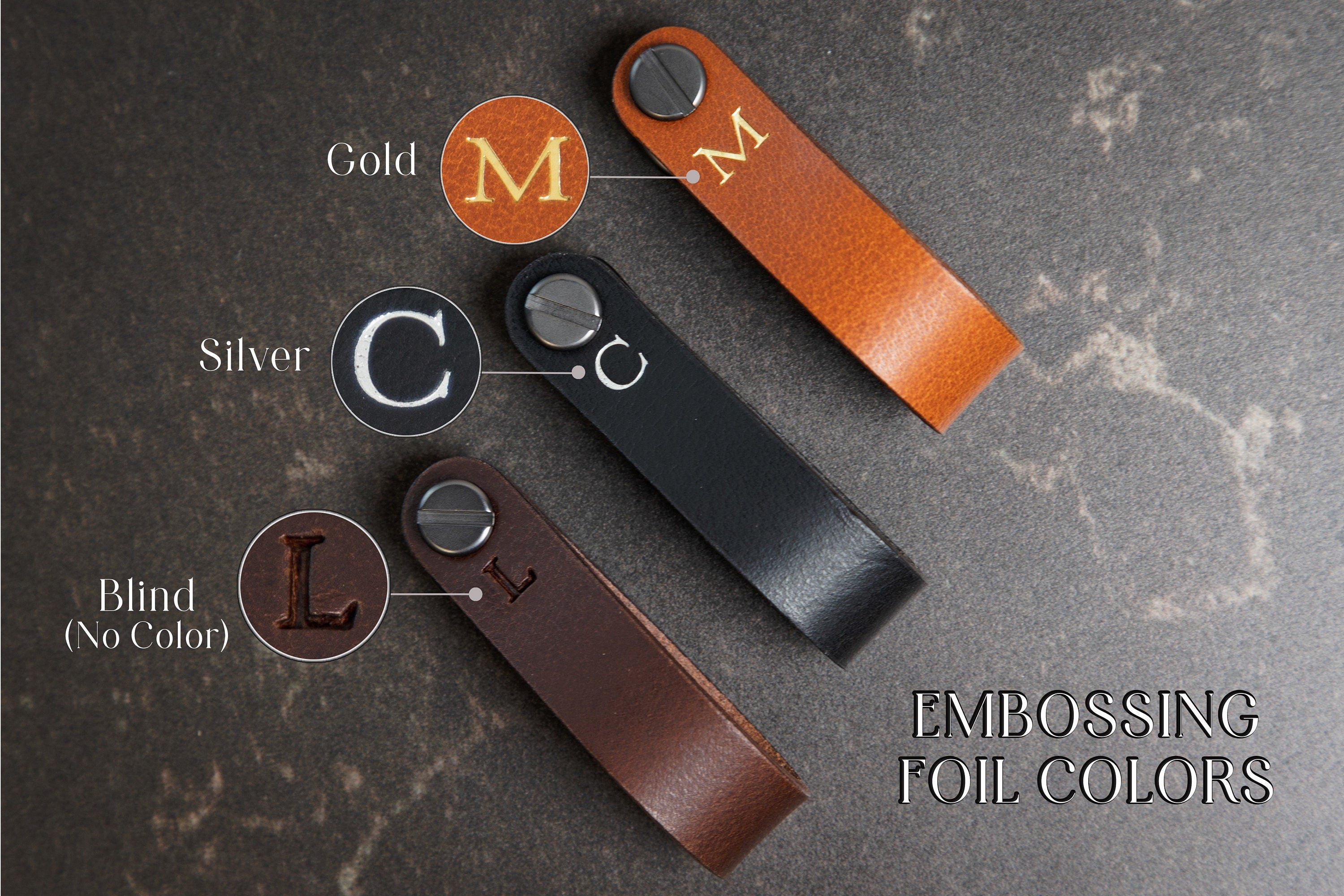 Embossed Leather Strap Key Chains (Initial) - Custom Mens Monogram Keychain Wristlet, Personalized Gift for Him Husband Dad Father Boyfriend