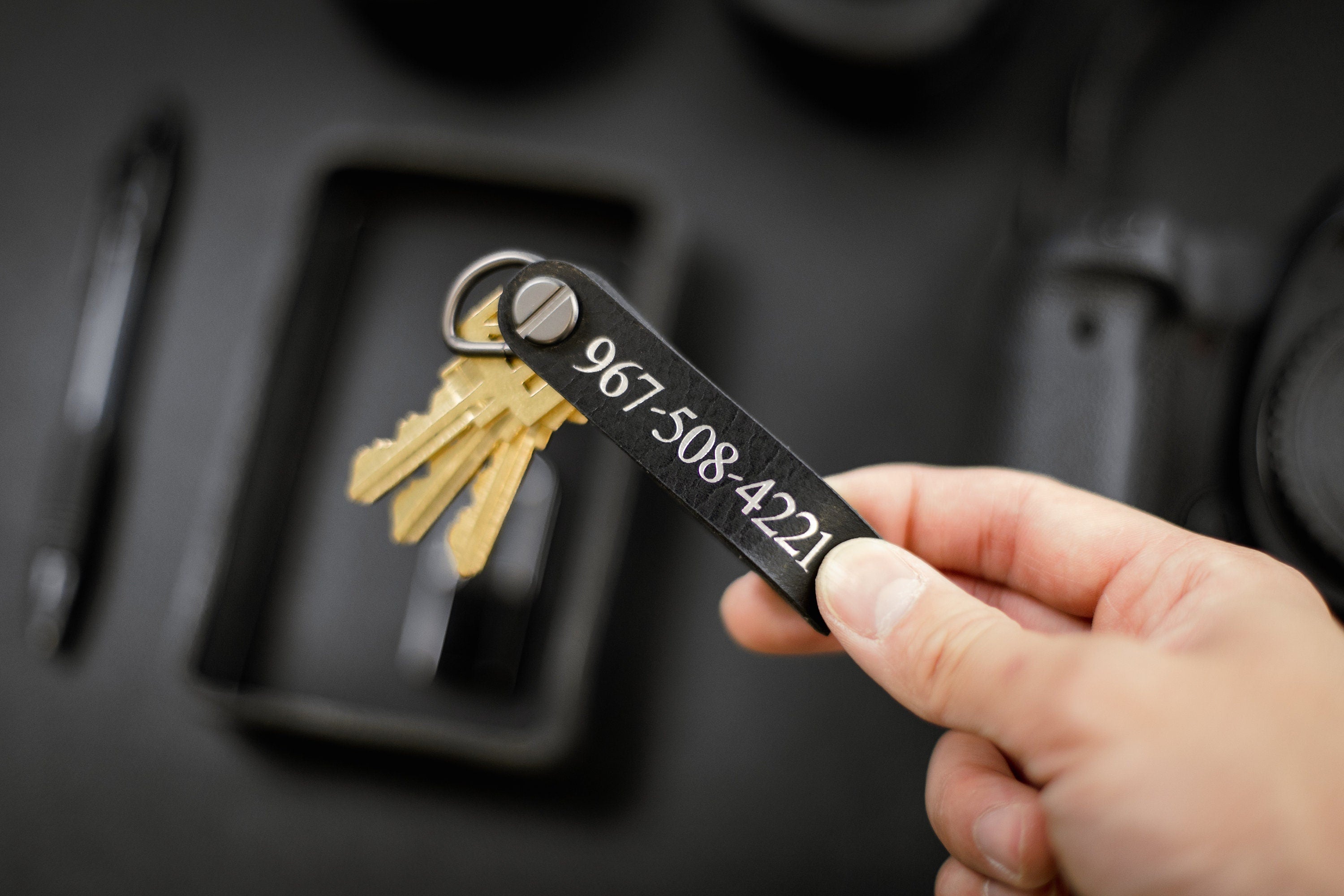 Embossed Leather Strap Key Chains (Name) - Unique Key FOB Gift for Him Simple Leather Name Keychain Back to School New College Student Gift