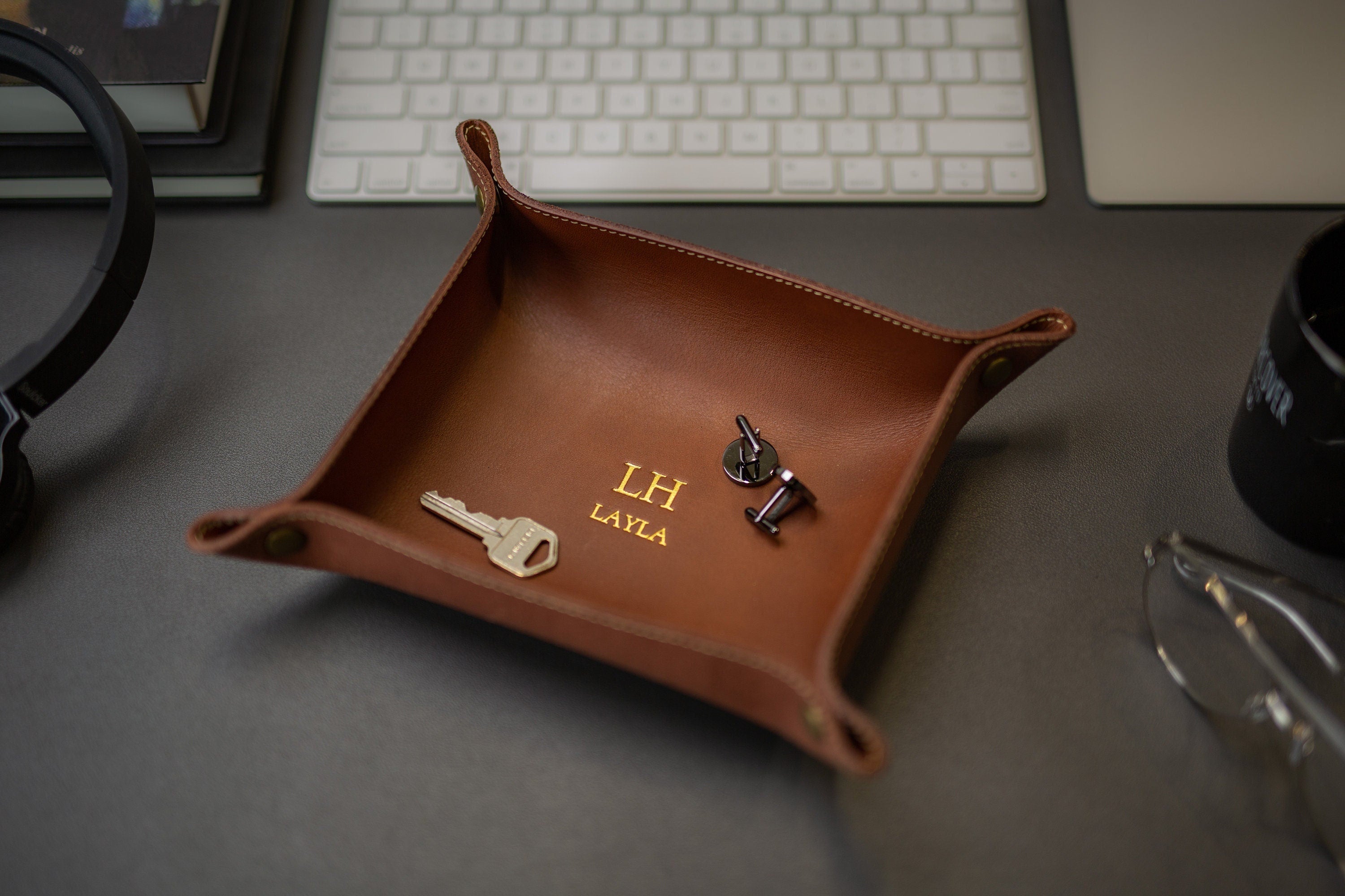 Embossed snap leather valet - monogram catchall tray, 3rd anniversary, birthday present for husband boyfriend wife couples, teacher gift