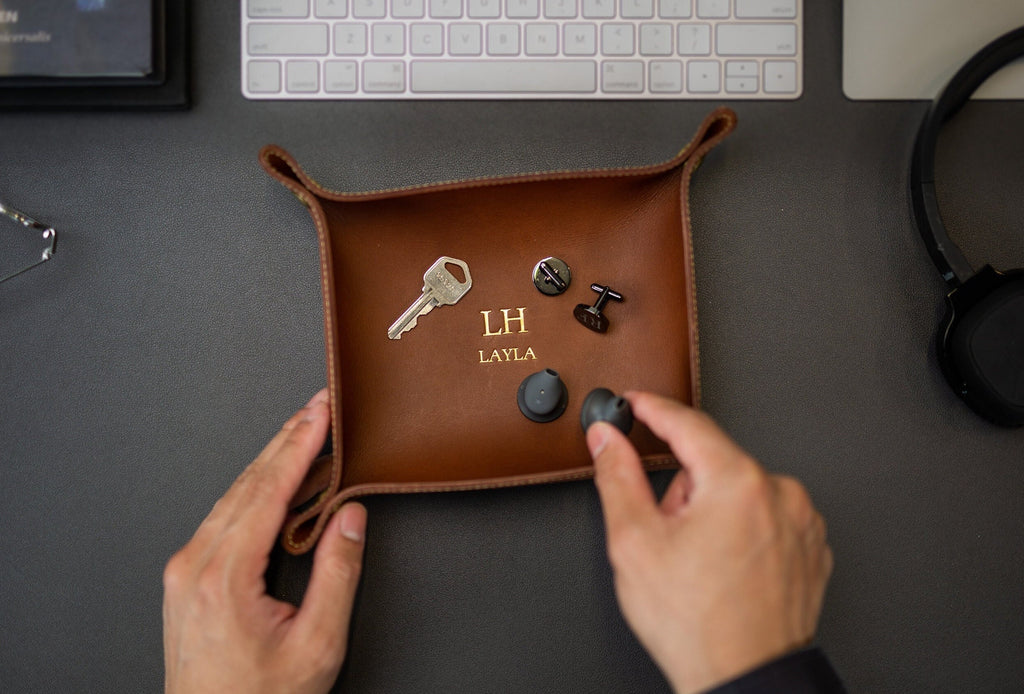 Embossed snap leather valet - monogram catchall tray, 3rd anniversary, birthday present for husband boyfriend wife couples, teacher gift