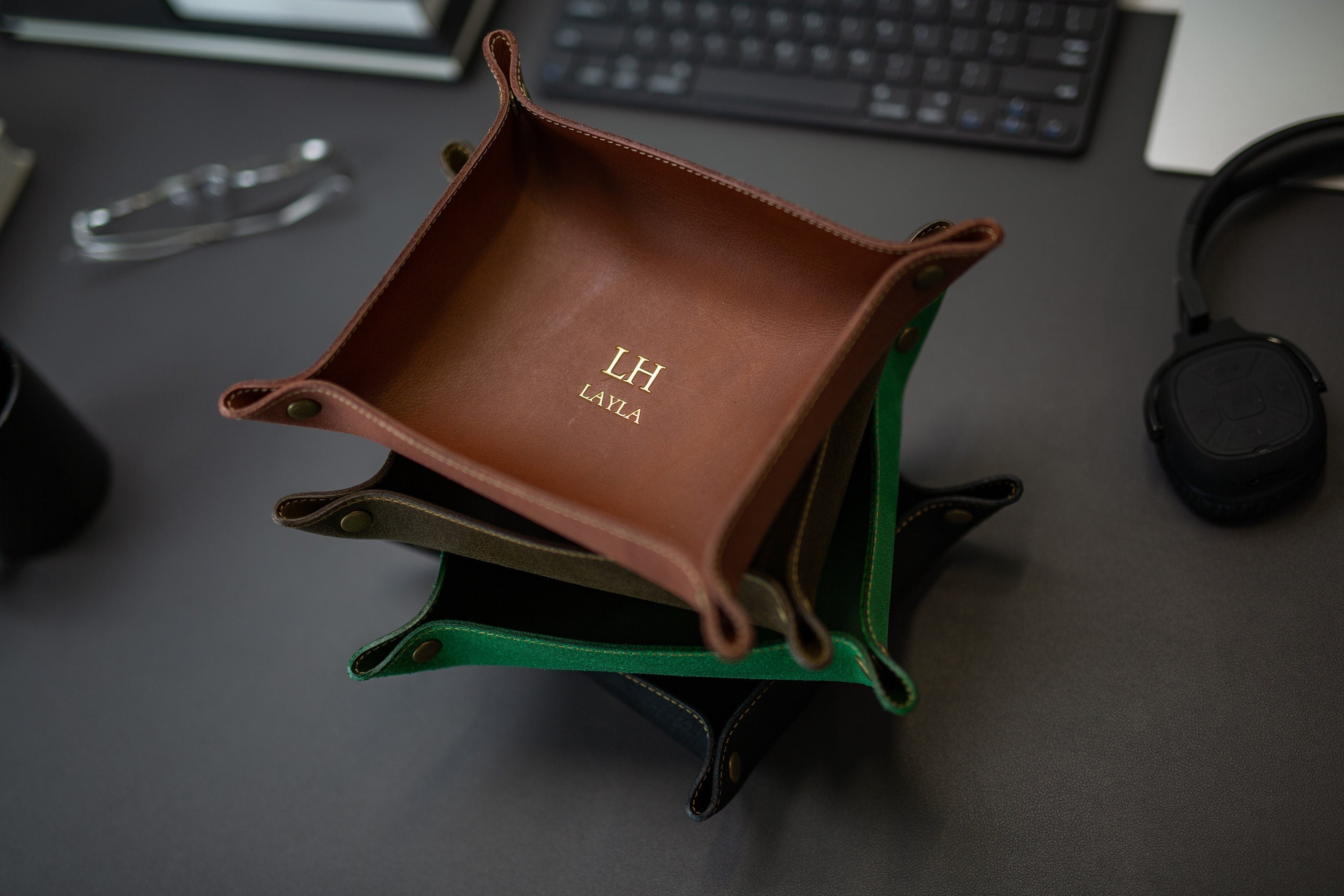 Embossed snap leather valet - monogram catchall tray, 3rd anniversary, birthday present for husband boyfriend wife couples, teacher gift