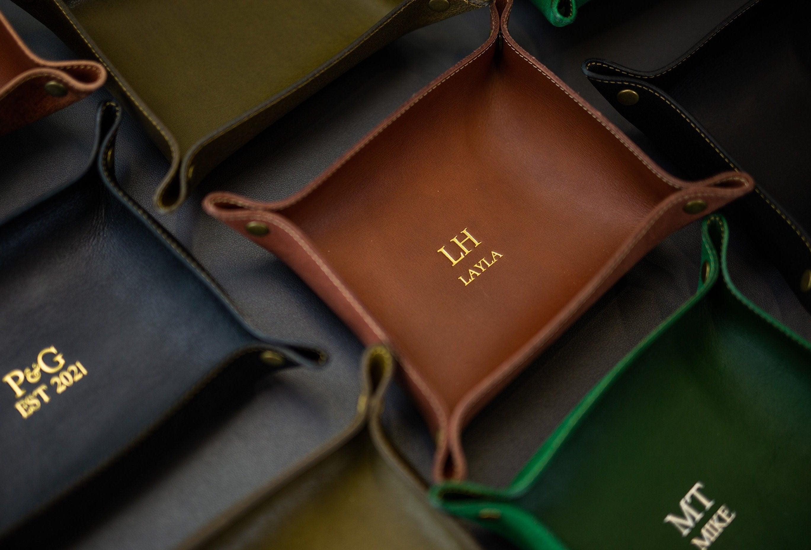 Embossed snap leather valet - monogram catchall tray, 3rd anniversary, birthday present for husband boyfriend wife couples, teacher gift