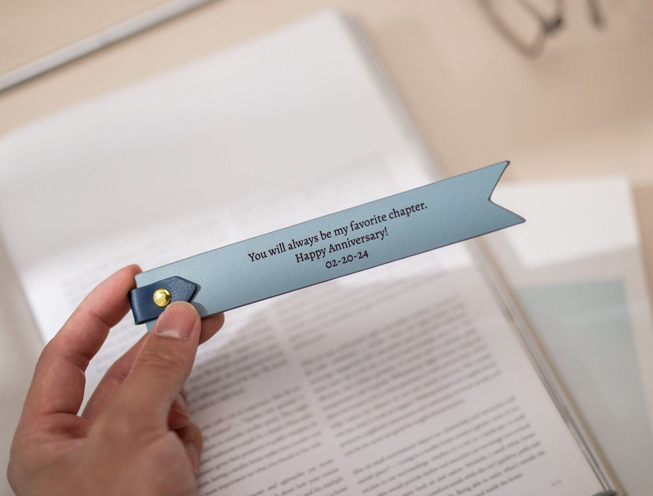 Engraved leather bookmark w/ loop (d2) - custom 3rd anniversary gift for her him, birthday gift idea for husband wife, message book mark