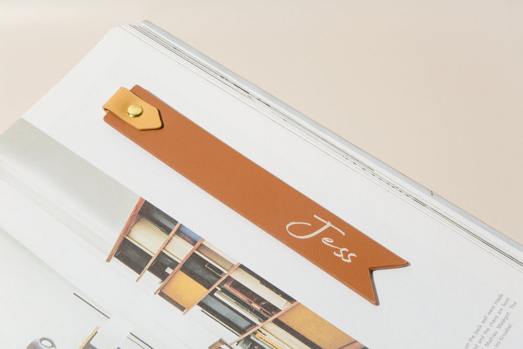 Personalized leather bookmark w/ loop (design 3) - custom reading accessory with name printed in curisve font, 3rd anniversary gift for her