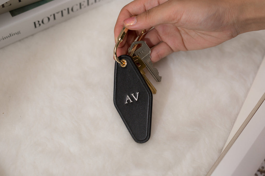 Embossed Diamond Leather Keychains (Small Initials) - Customizable Modern Key Fob Rings Gift for Mom Travel Bag Suitcase Tag, Housewarming