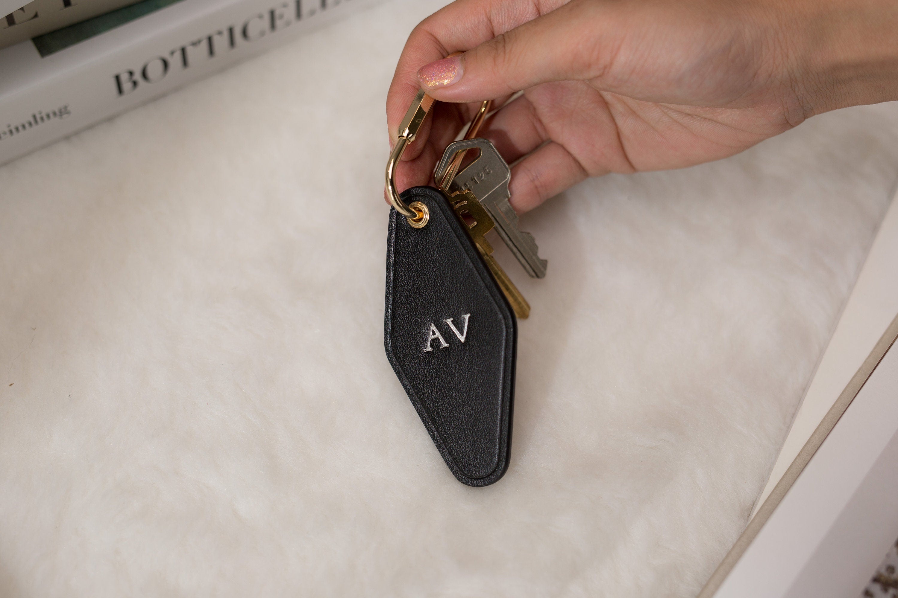Embossed Diamond Leather Keychains (Small Initials) - Customizable Modern Key Fob Rings Gift for Mom Travel Bag Suitcase Tag, Housewarming