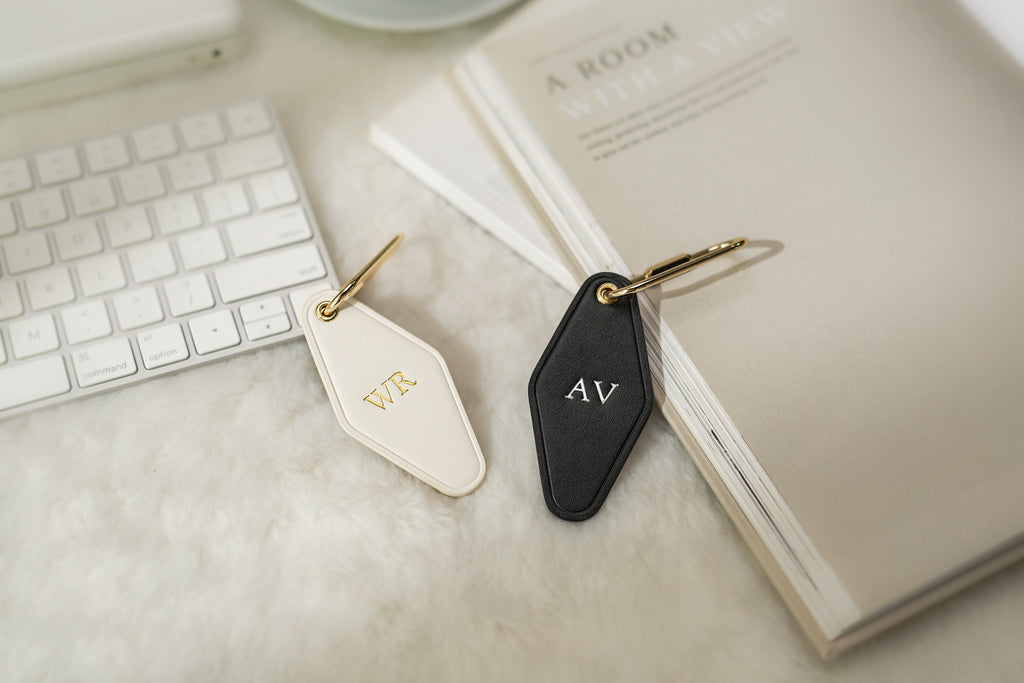 Embossed Diamond Leather Keychains (Small Initials) - Customizable Modern Key Fob Rings Gift for Mom Travel Bag Suitcase Tag, Housewarming