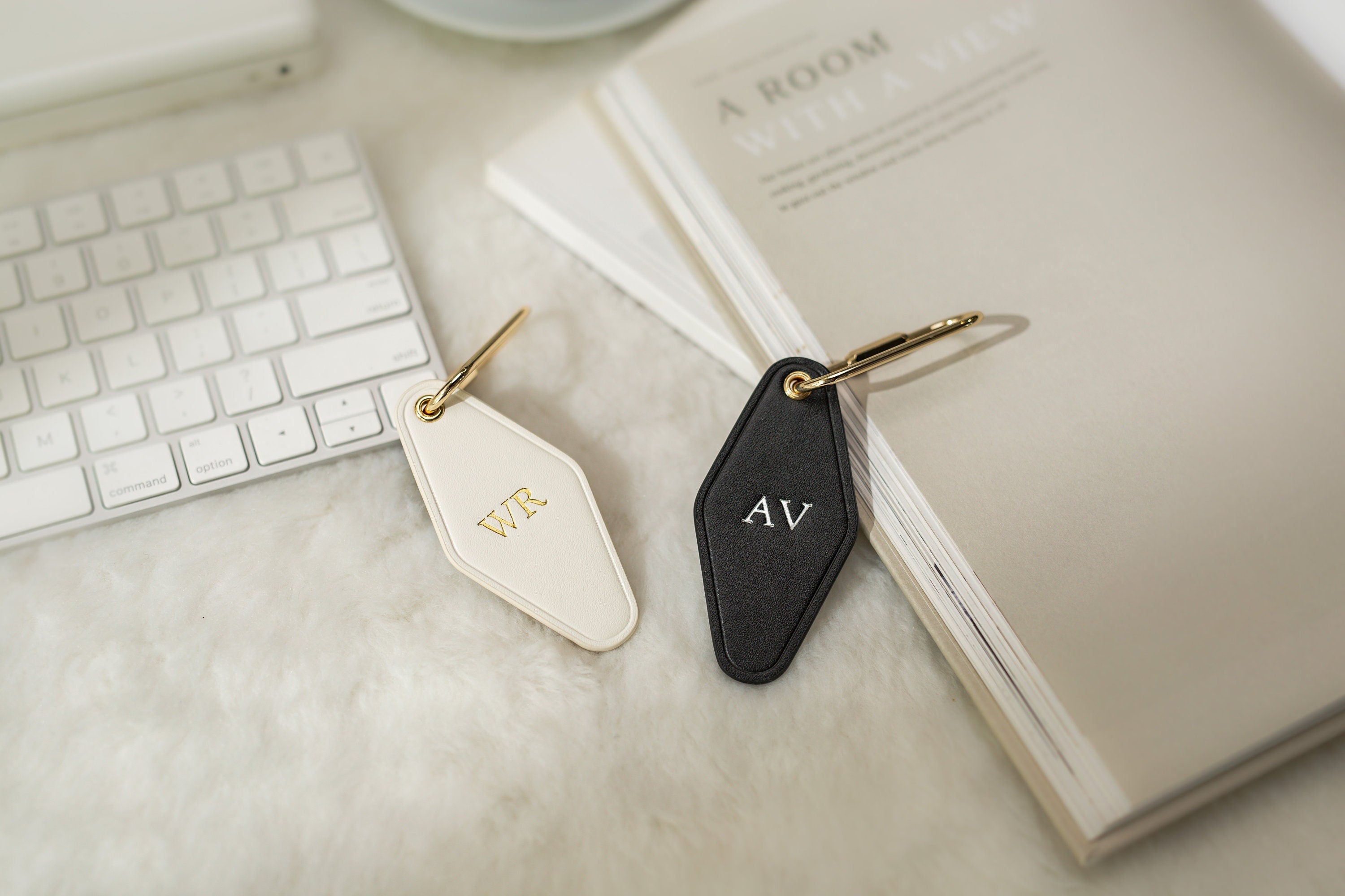Embossed Diamond Leather Keychains (Small Initials) - Customizable Modern Key Fob Rings Gift for Mom Travel Bag Suitcase Tag, Housewarming