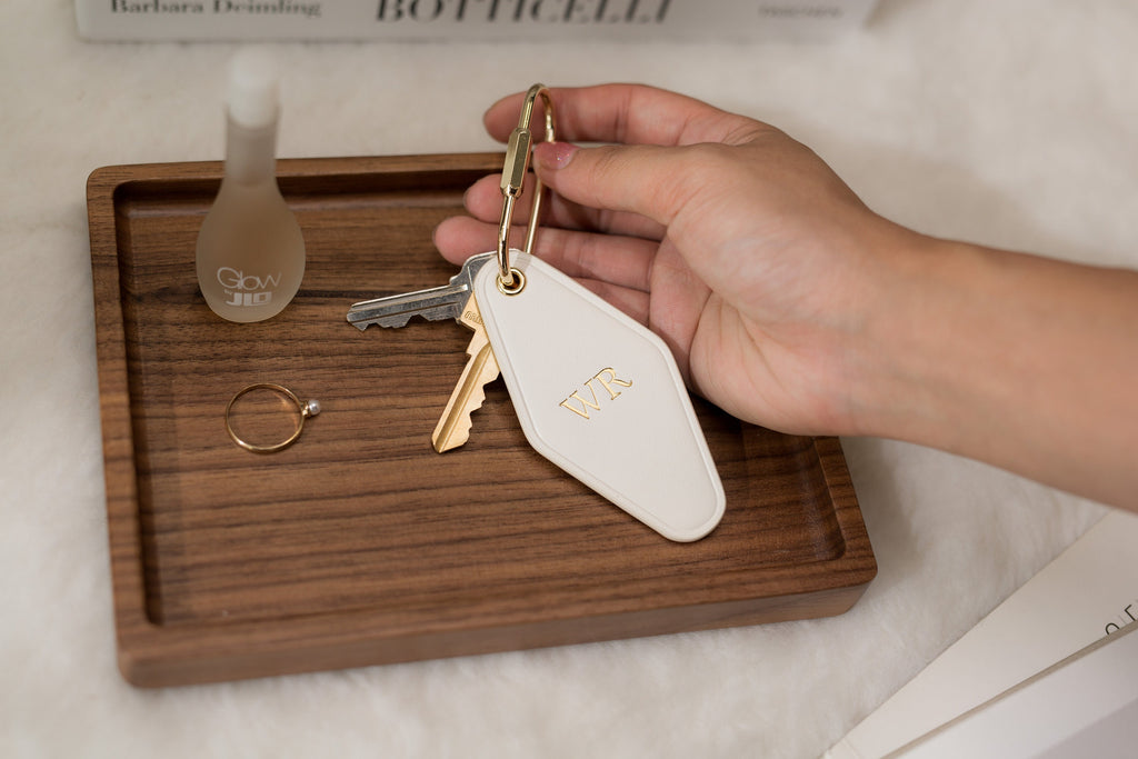 Embossed Diamond Leather Keychains (Small Initials) - Customizable Modern Key Fob Rings Gift for Mom Travel Bag Suitcase Tag, Housewarming