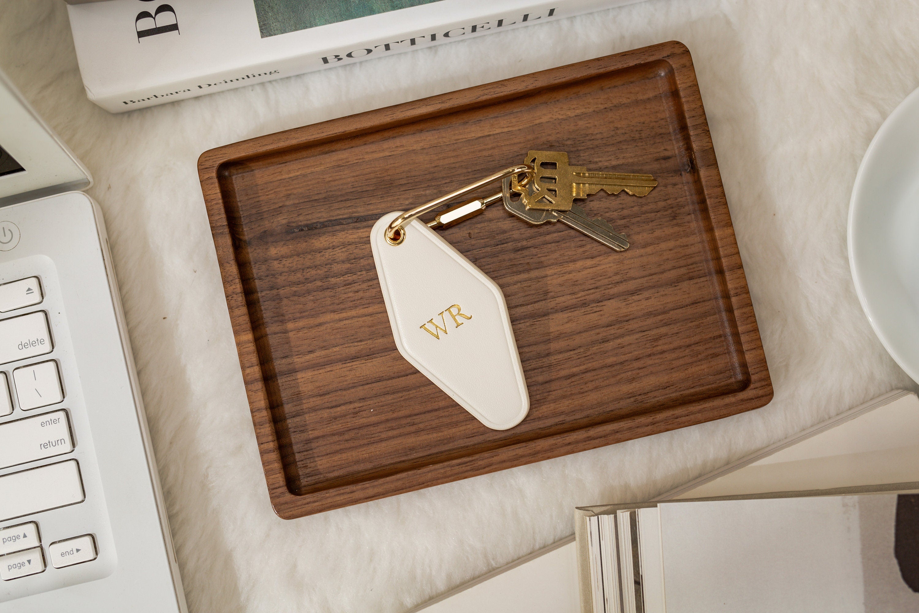 Embossed Diamond Leather Keychains (Small Initials) - Customizable Modern Key Fob Rings Gift for Mom Travel Bag Suitcase Tag, Housewarming