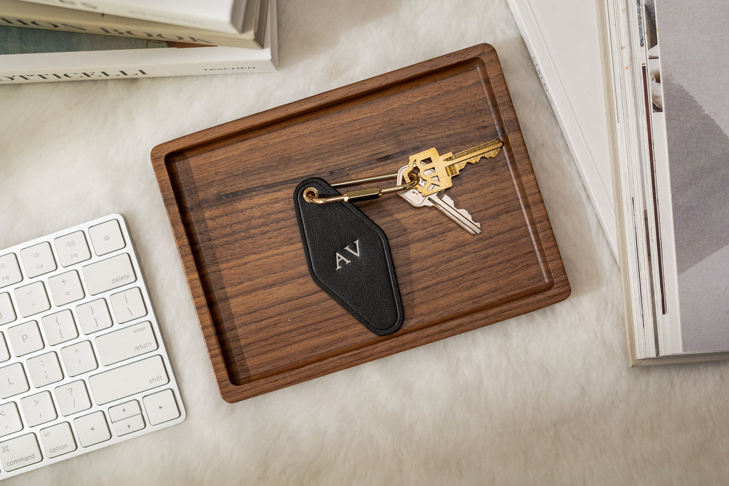 Embossed Diamond Leather Keychains (Small Initials) - Customizable Modern Key Fob Rings Gift for Mom Travel Bag Suitcase Tag, Housewarming