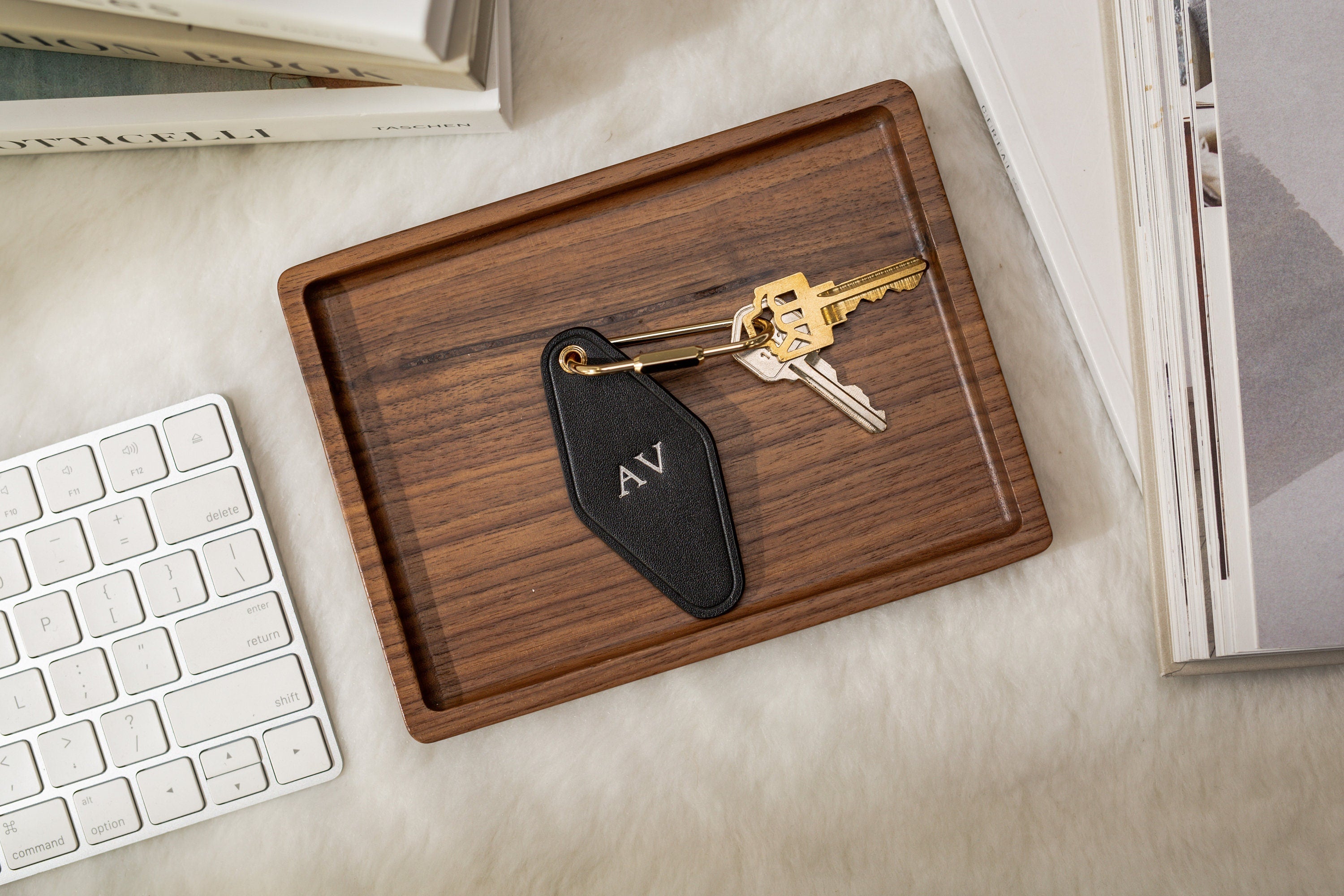 Embossed Diamond Leather Keychains (Small Initials) - Customizable Modern Key Fob Rings Gift for Mom Travel Bag Suitcase Tag, Housewarming