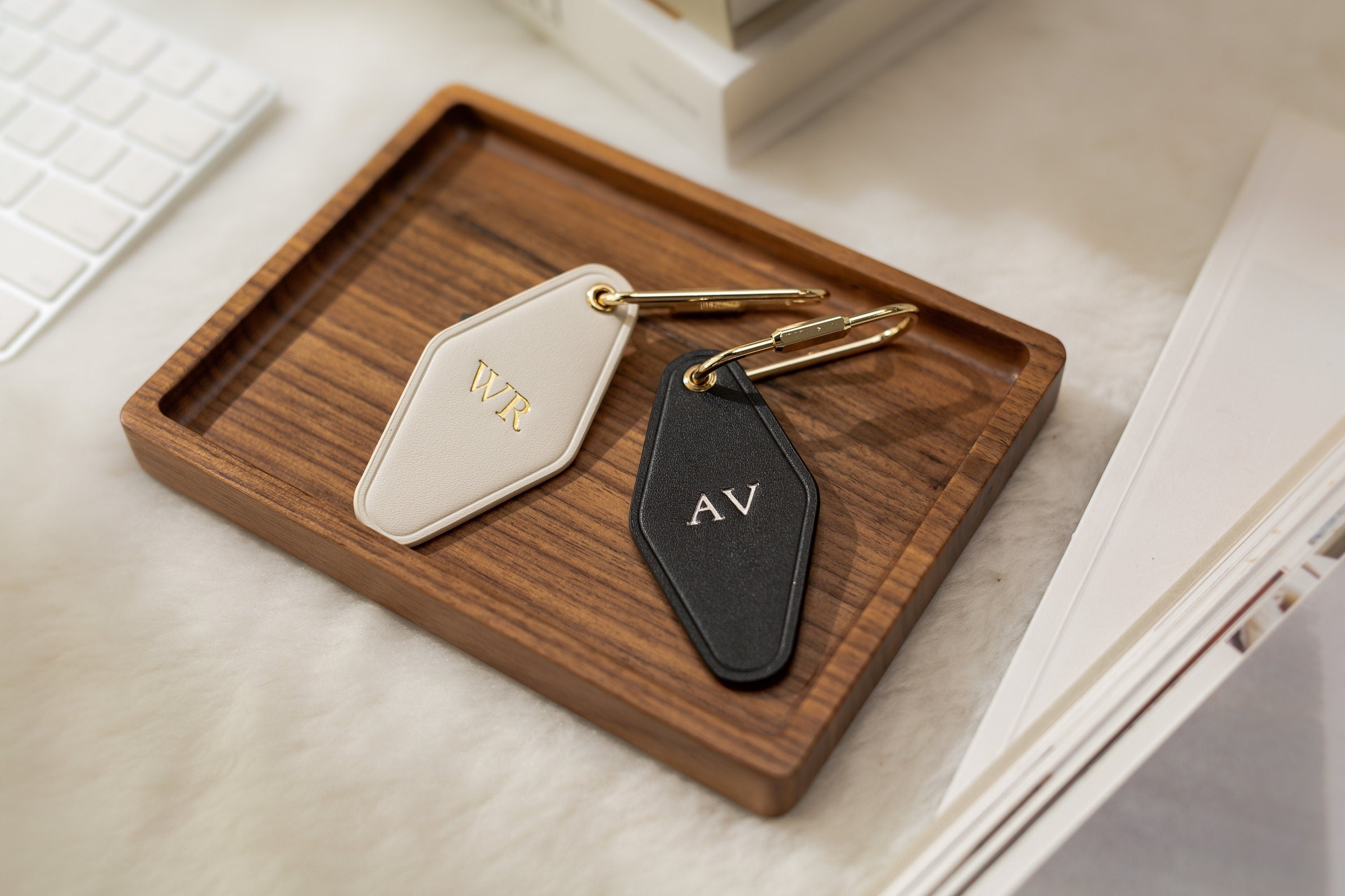Embossed Diamond Leather Keychains (Small Initials) - Customizable Modern Key Fob Rings Gift for Mom Travel Bag Suitcase Tag, Housewarming