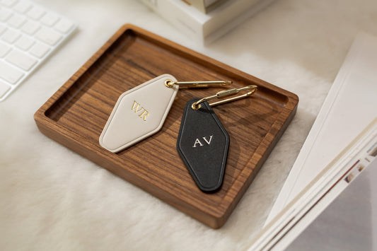 Embossed Diamond Leather Keychains (Small Initials) - Customizable Modern Key Fob Rings Gift for Mom Travel Bag Suitcase Tag, Housewarming