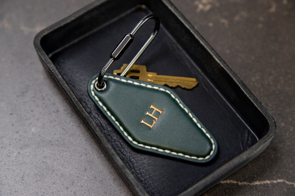 Embossed Diamond Leather Keychains (Small Initials) - Minimalist Leather Key Ring Organizer, Bag Tag, Custom Gift for Husband Dad Boyfriend