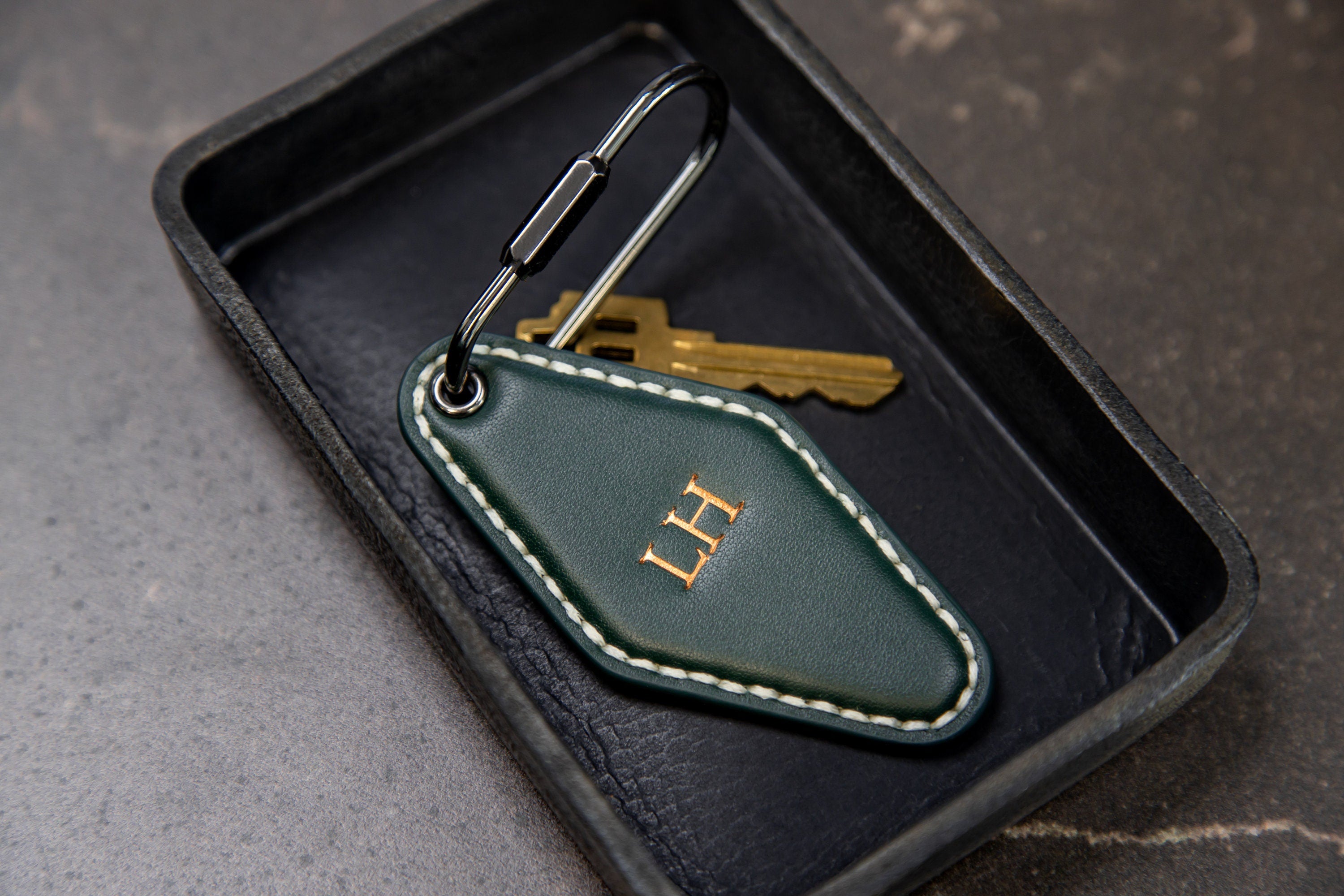 Embossed Diamond Leather Keychains (Small Initials) - Minimalist Leather Key Ring Organizer, Bag Tag, Custom Gift for Husband Dad Boyfriend