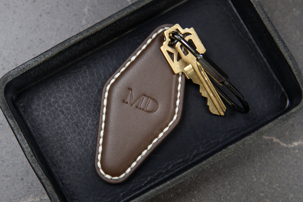 Embossed Diamond Leather Keychains (Small Initials) - Minimalist Leather Key Ring Organizer, Bag Tag, Custom Gift for Husband Dad Boyfriend