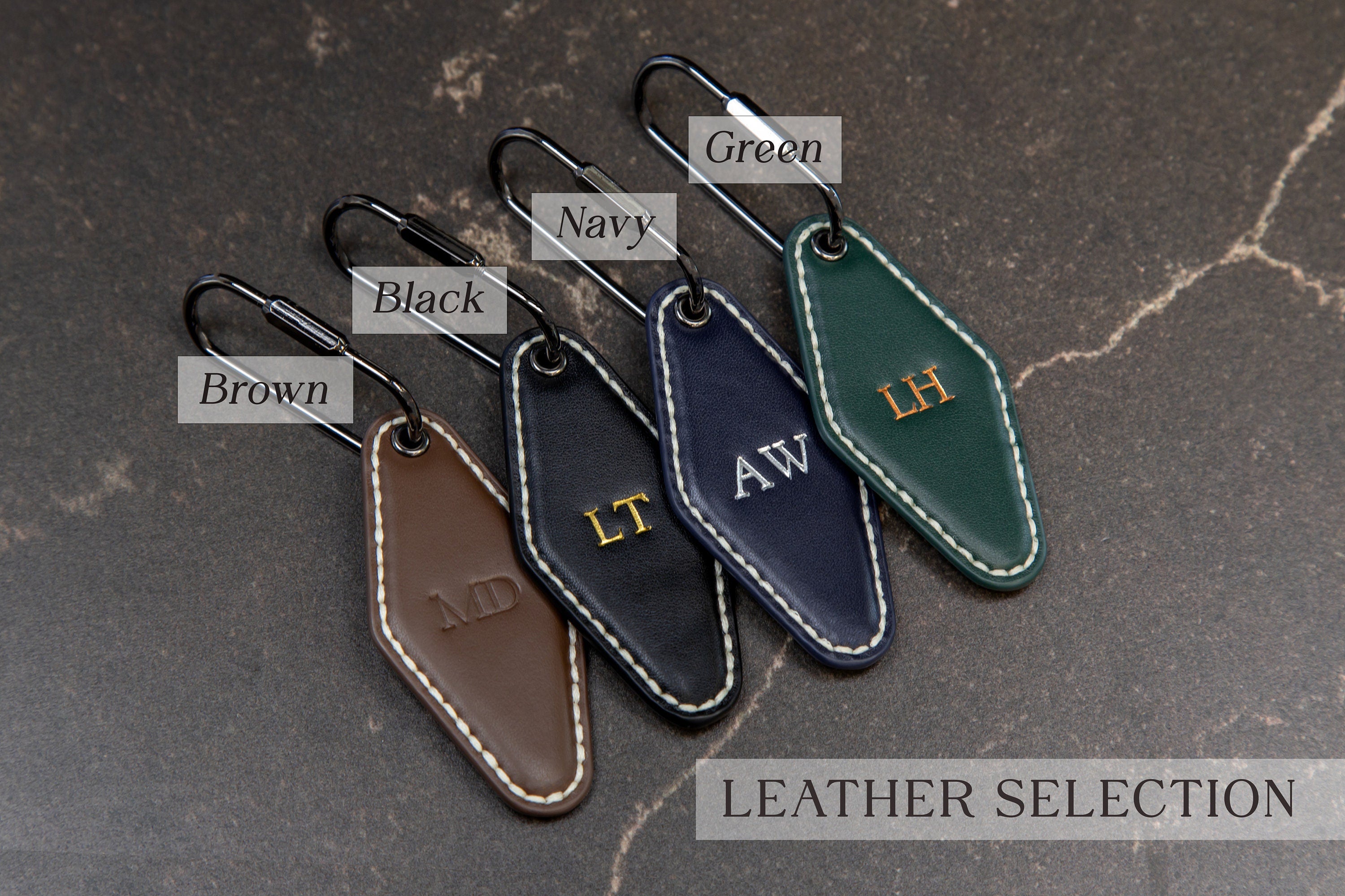 Embossed Diamond Leather Keychains (Small Initials) - Minimalist Leather Key Ring Organizer, Bag Tag, Custom Gift for Husband Dad Boyfriend