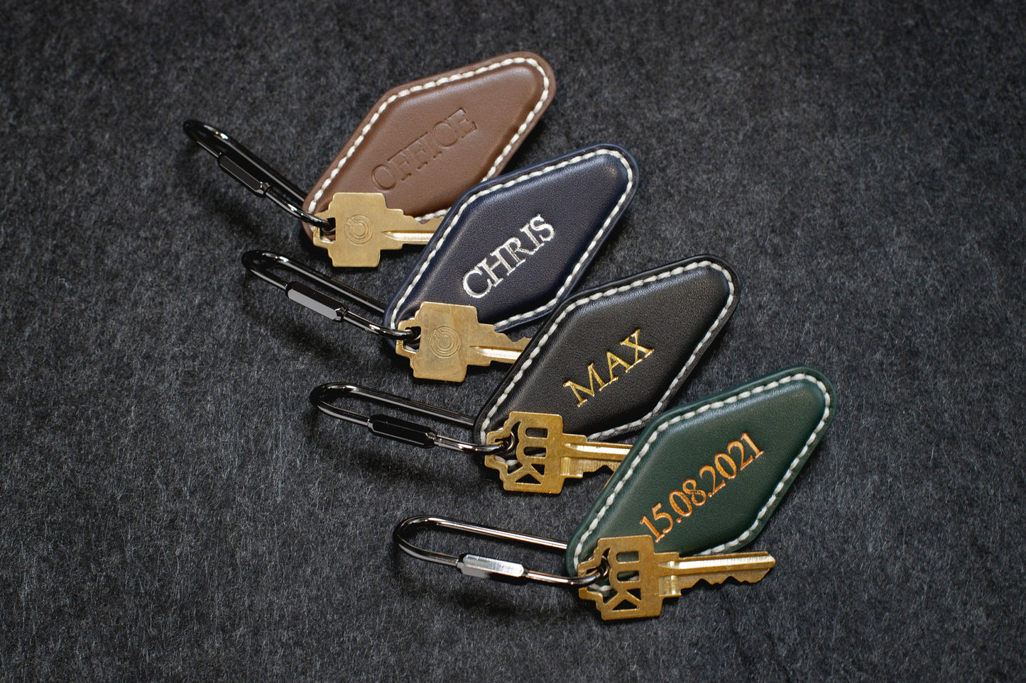 Embossed Diamond Leather Keychains (Name) - Modern Leather Keychain Fob, Custom Gift for New Driver, Student Car Key Holder, Back to School