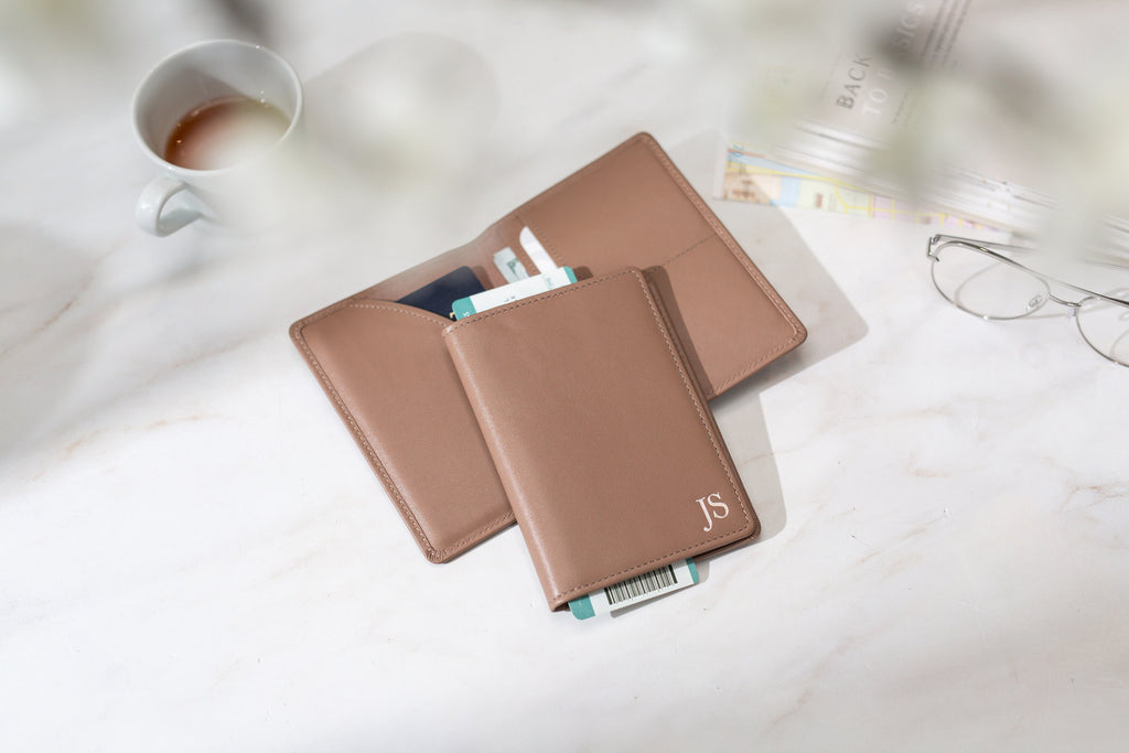 Embossed leather passport holder - custom monogram name travel wallet, retiree gift, company corporate business anniversary, dad gift idea