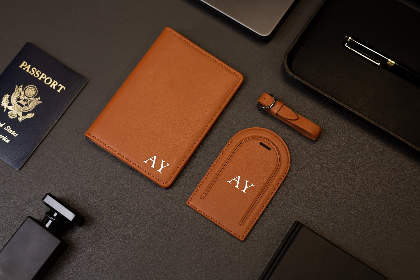 Embossed leather passport holder & embossed luggage tag (set) - Gift for wife, mom, 3rd anniversary gift, destination wedding suitcase