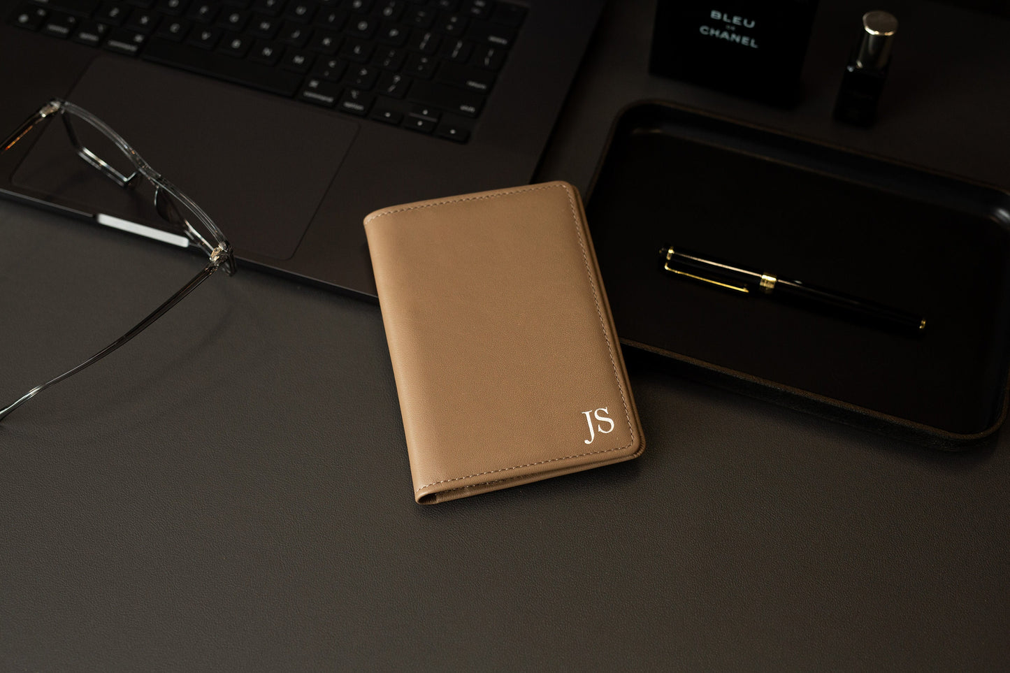 Embossed leather passport holder - custom monogram name travel wallet, retiree gift, company corporate business anniversary, dad gift idea