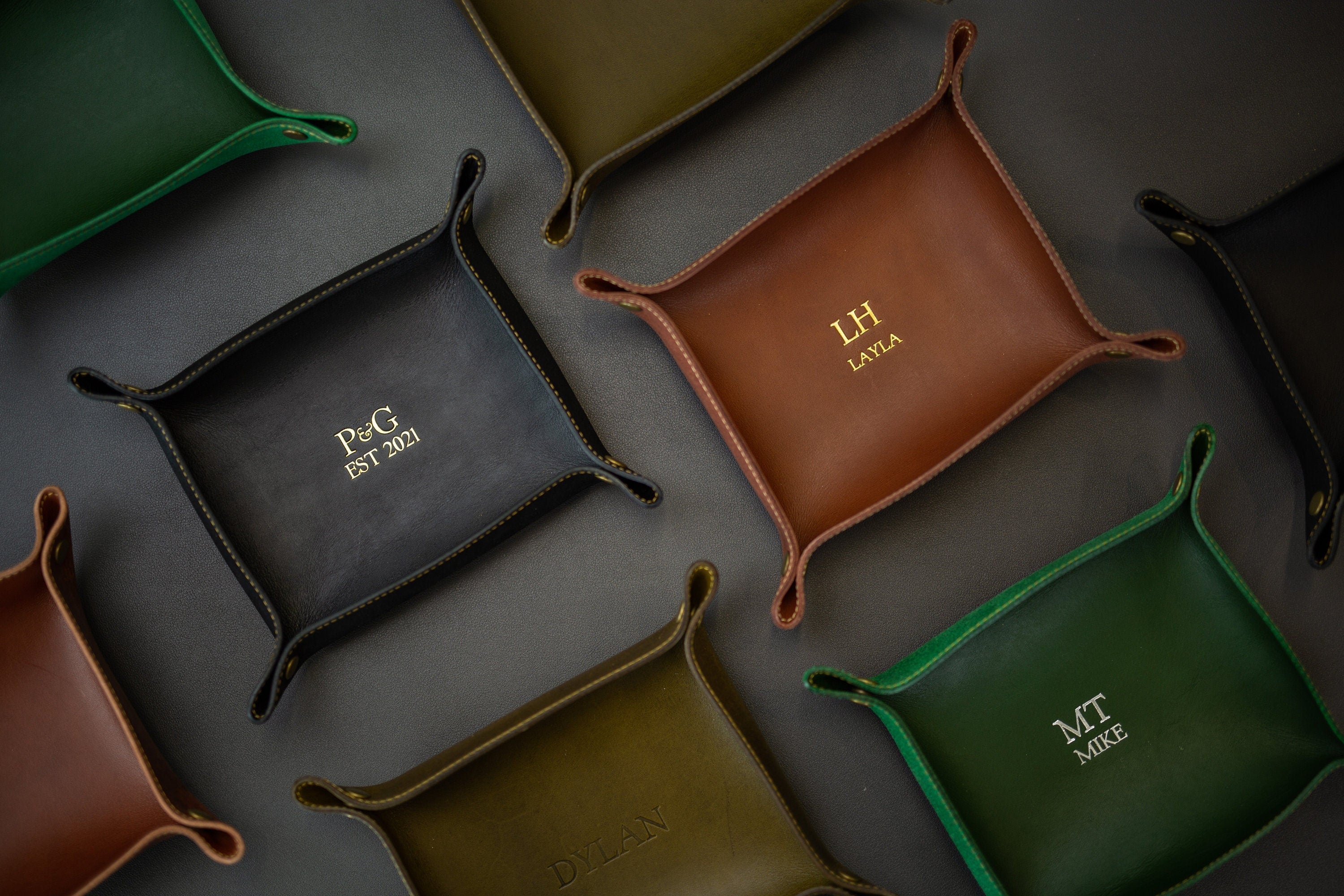 Embossed snap leather valet - monogram catchall tray, 3rd anniversary, birthday present for husband boyfriend wife couples, teacher gift