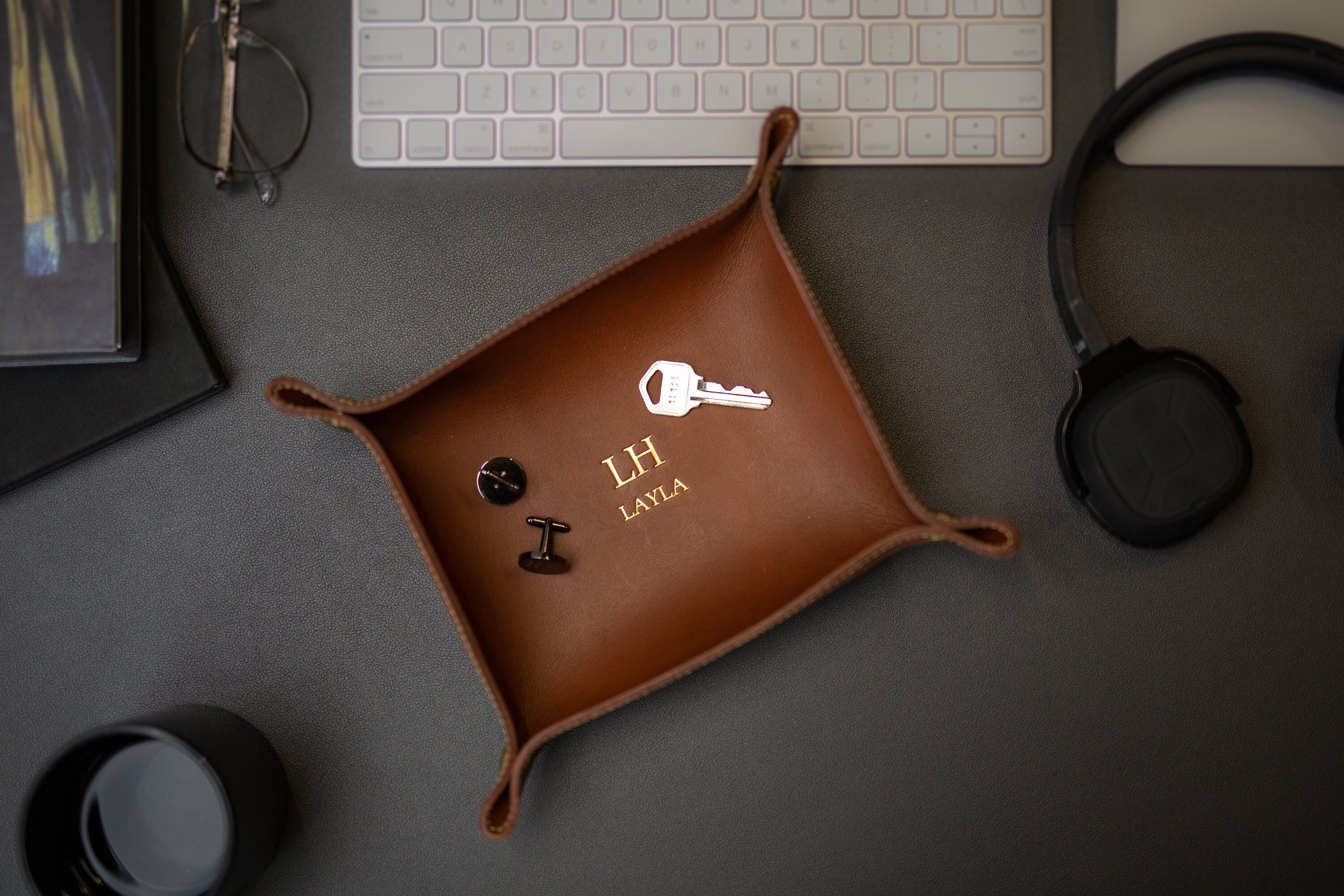 Embossed snap leather valet - monogram catchall tray, 3rd anniversary, birthday present for husband boyfriend wife couples, teacher gift