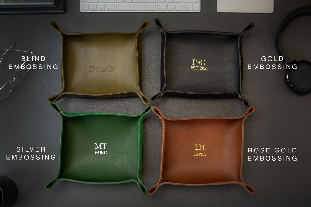 Embossed snap leather valet - monogram catchall tray, 3rd anniversary, birthday present for husband boyfriend wife couples, teacher gift