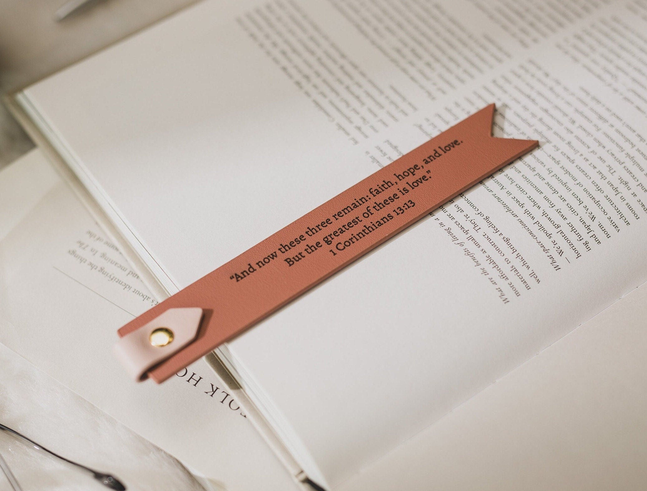 Engraved leather bookmark w/ loop (d2) - custom 3rd anniversary gift for her him, bible quote or message book mark, church bible page marker