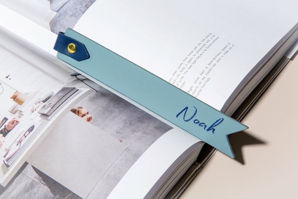 Personalized leather bookmark w/ loop (design 3) - custom reading accessory with name printed in curisve font, 3rd anniversary gift for her