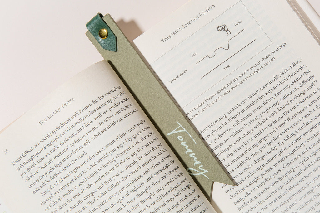 Personalized leather bookmark w/ loop (design 3) - custom reading accessory with name printed in curisve font, 3rd anniversary gift for her